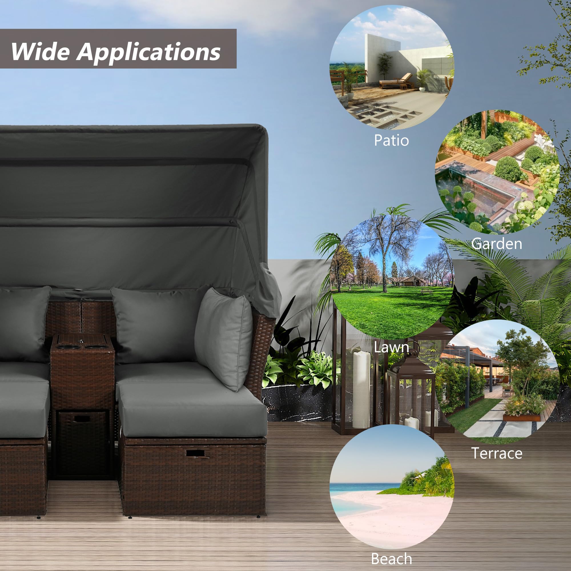 P PURLOVE Outdoor Loveseat Chaise Lounge with Canopy - 2-Seater Patio Double Daybed with Foldable Awning & Cushions - Water-Resistant Grey Outdoor Sofa Set for Garden, Backyard, Poolside & Patio Relaxation