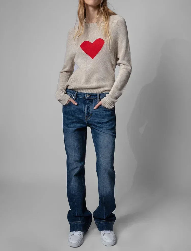 Wool Blend Alma Heart Jacquard Knit Sweater | Women's Winter Pullover | Cozy Casual & Office Wear