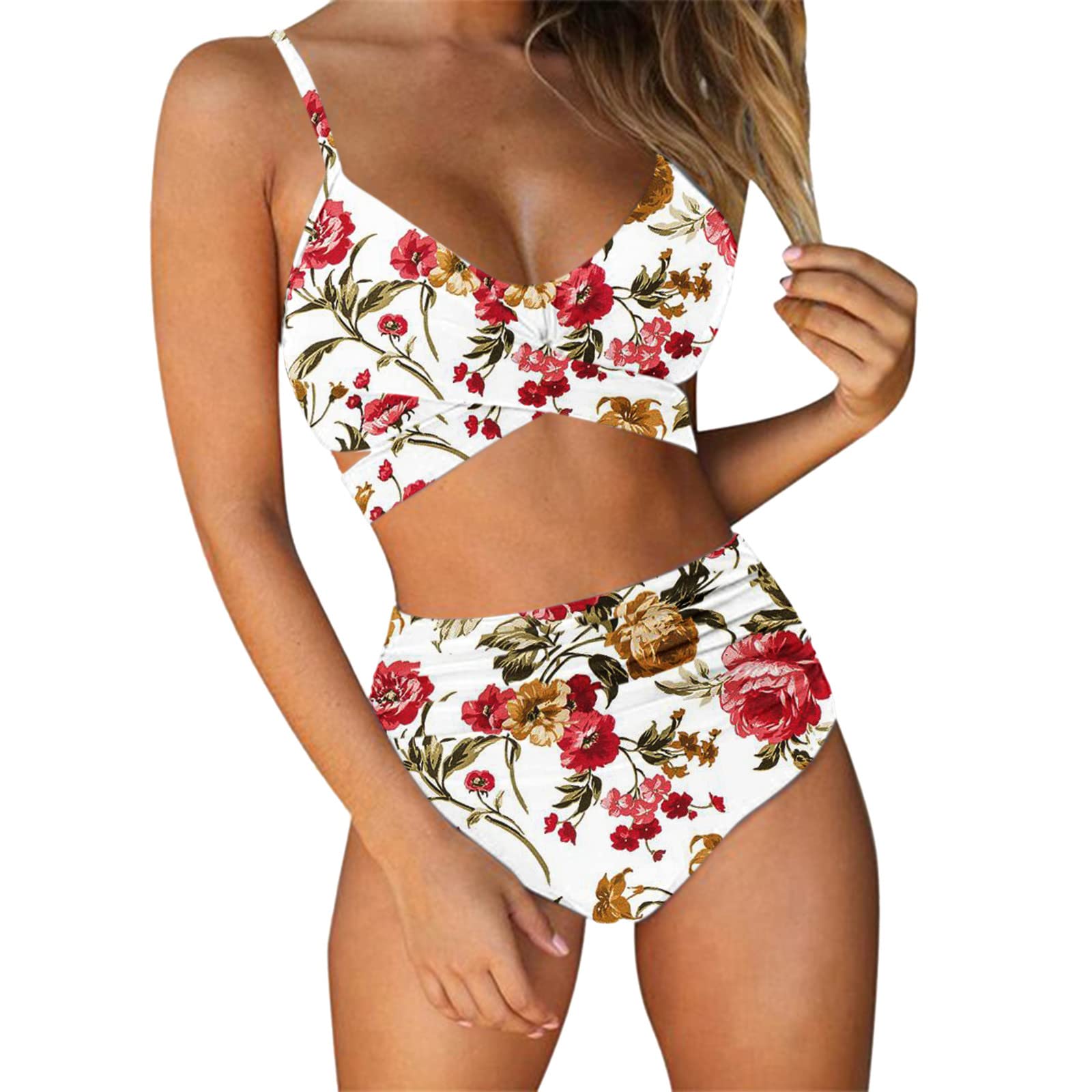 Women's Floral Print 2 String Cross Waisted Swimsuit - White Bathing Suit Top for Juniors | Beach Vacation, Pool Party, Summer Swimwear