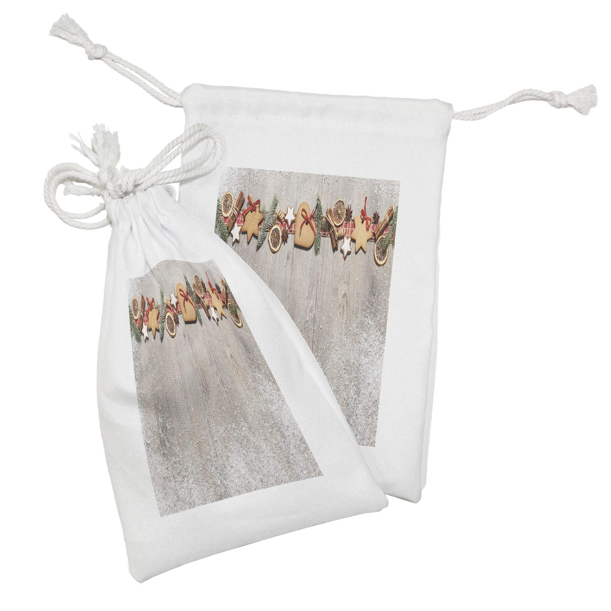 Ambesonne Christmas Cookie Fabric Pouch Set of 2 - Holiday Drawstring Bags with Fir Branches & Biscuits Design (9