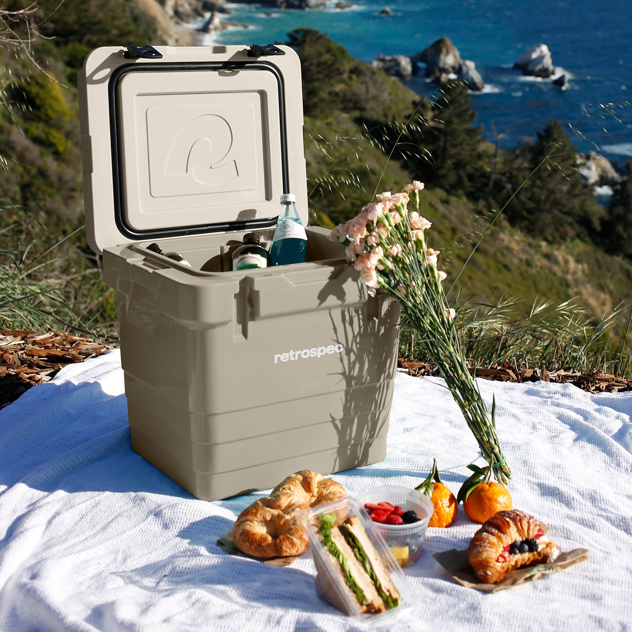 Retrospec Palisade Rotomolded Cooler - Fully Insulated Portable Ice Chest with Built-in Bottle Opener, Tie-Down Slots & Dry Storage Basket - 25QT, 45QT, 65QT Sizes for Beach, Camping, Travel & Outdoor Adventures - Perfect for Picnics, Tailgating & Road Trips