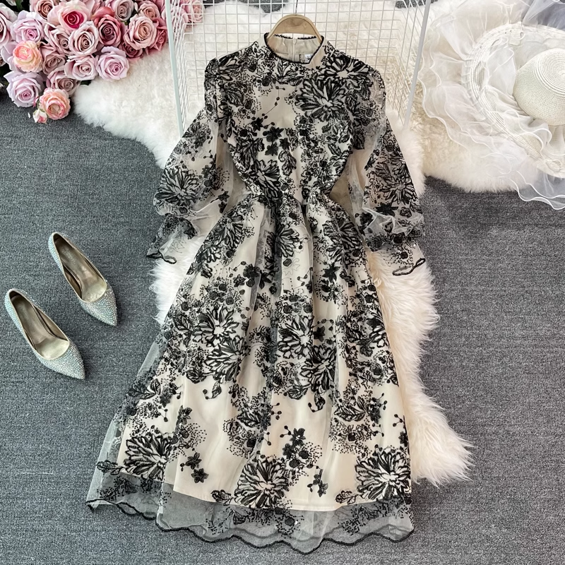 Elegant Embroidered Mesh Dress with Stand Collar - A-Line Long Skirt for Women | Perfect for Weddings, Parties & Formal Occasions