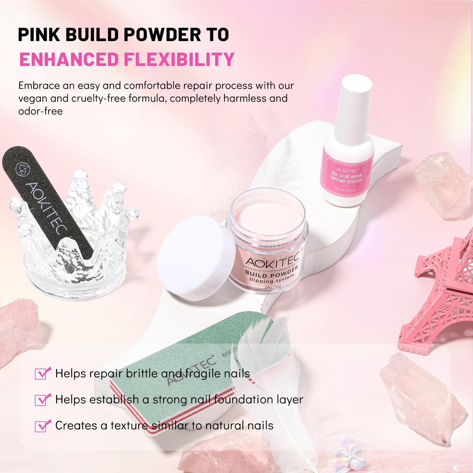 Aokitec Nail Repair Kit - 28g Jelly Pink Builder Powder for Broken Cracked Split Weak Nails with Nail Repair Solution | Emergency Quick DIY Natural Crystal Pink Nails | Perfect for Home Salon, Nail Art, and Manicure Care