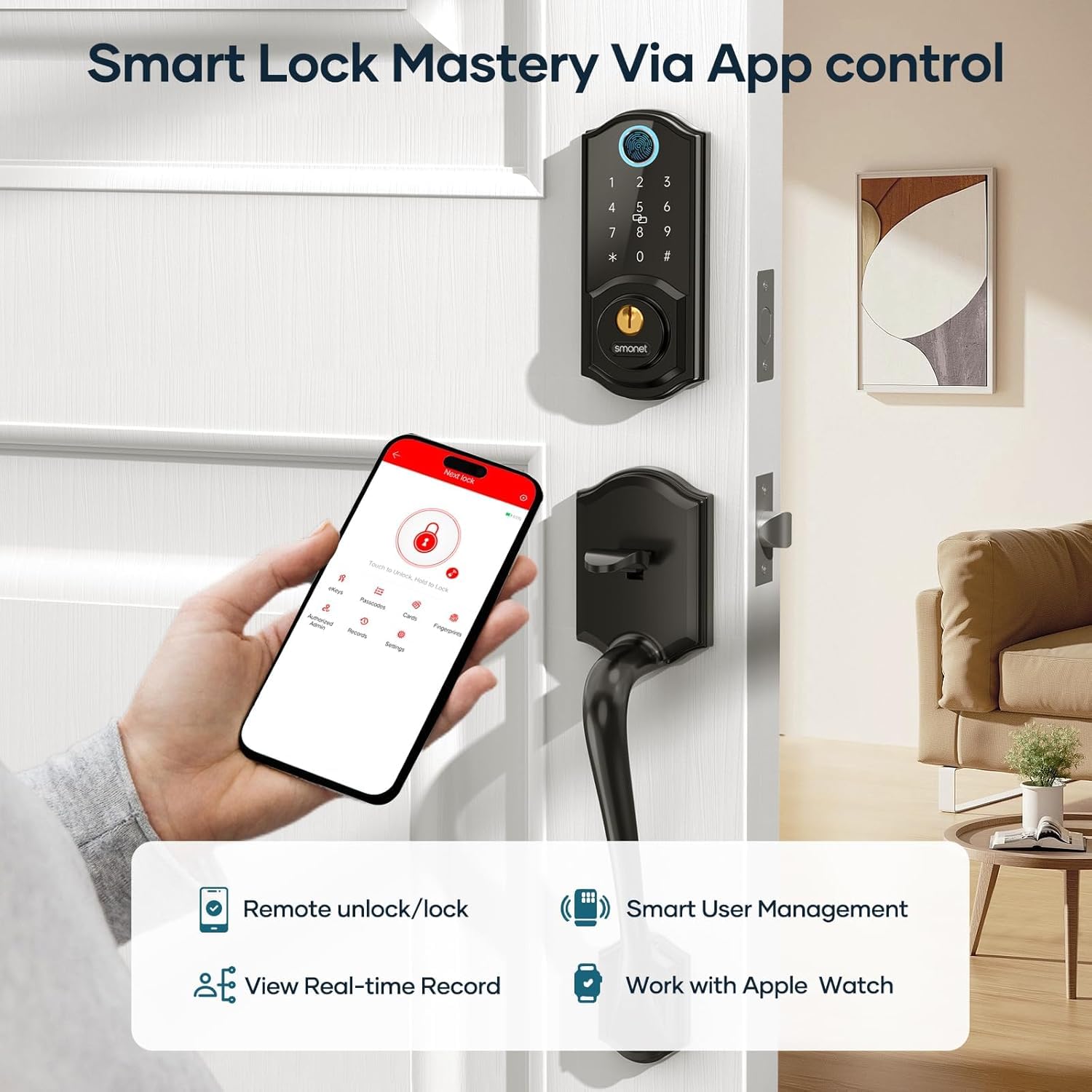 SMONET Smart Lock for Front Door - Keyless Entry Fingerprint & Bluetooth Deadbolt with Digital Keypad, Auto Lock, Alexa Compatible - Secure & Convenient Smart Home Access for Apartments, Houses & Vacation Rentals
