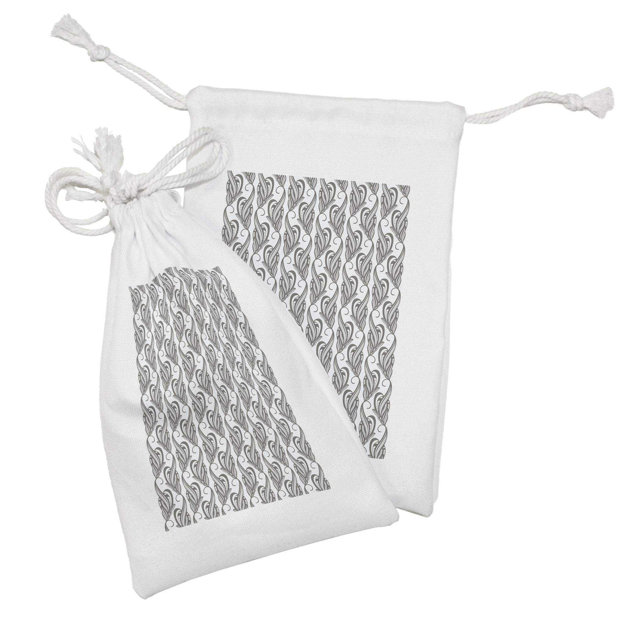 Ambesonne 2-Pack Grey and White Fabric Drawstring Pouches - Abstract Swirling Leaves & Flower Petals Design - 9
