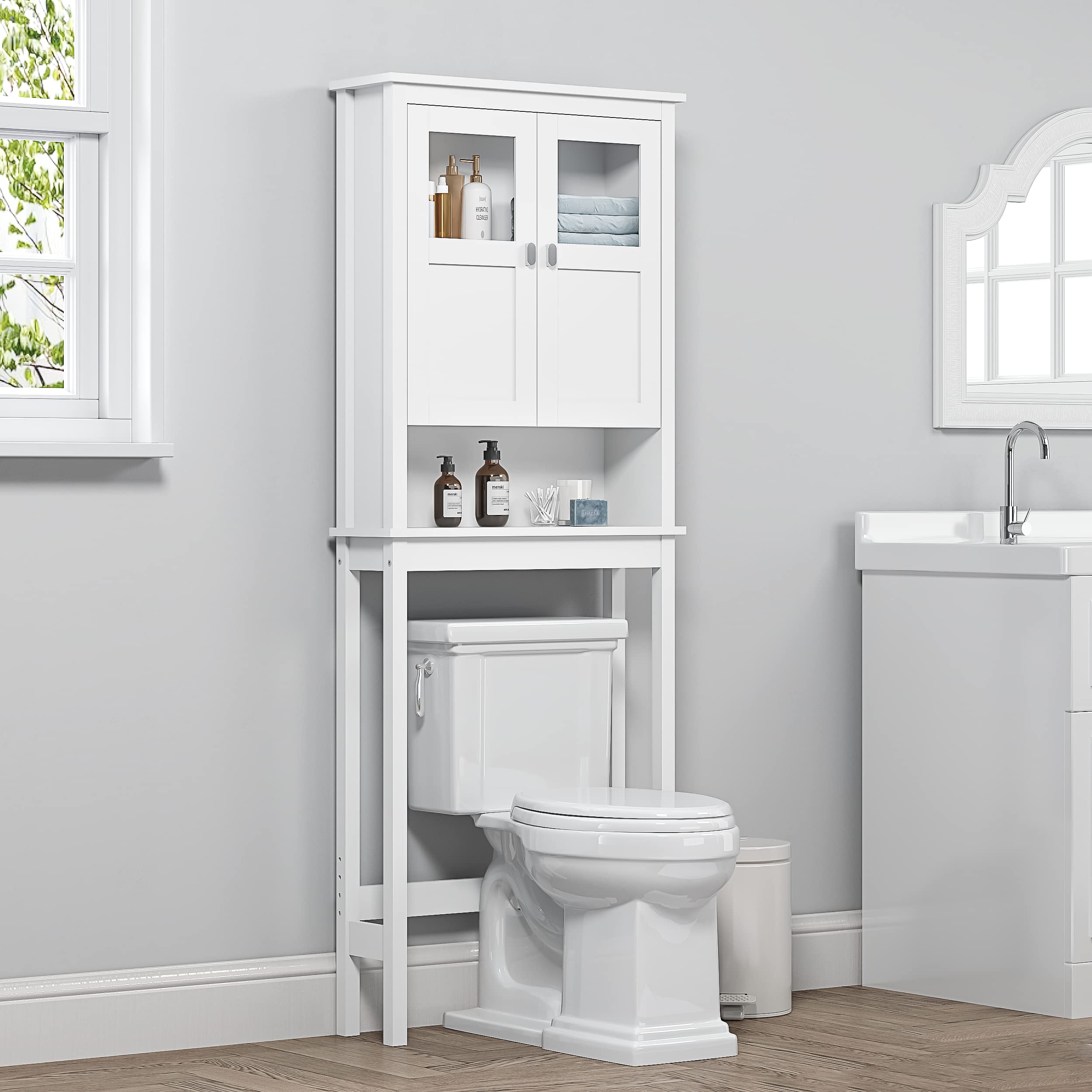 White Over The Toilet Storage Cabinet with Glass Doors & Adjustable Shelves - Bathroom Space Saving Organizer for Towels, Toiletries & Cosmetics