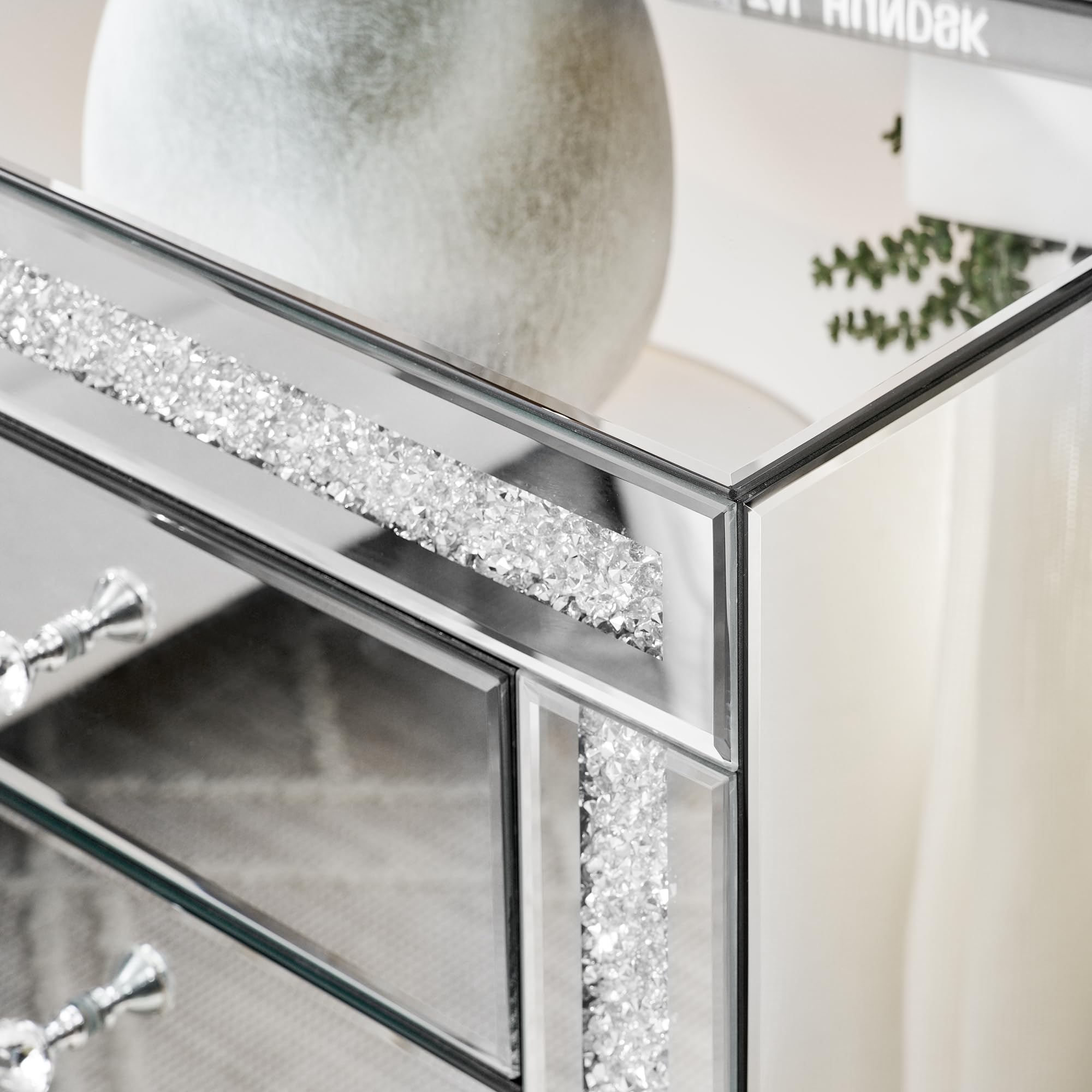 Henf Fully Assembled Silver Mirrored Nightstand with 3 Drawers & Crystal Knobs - Modern Bedside Table for Bedroom, Living Room (21.5