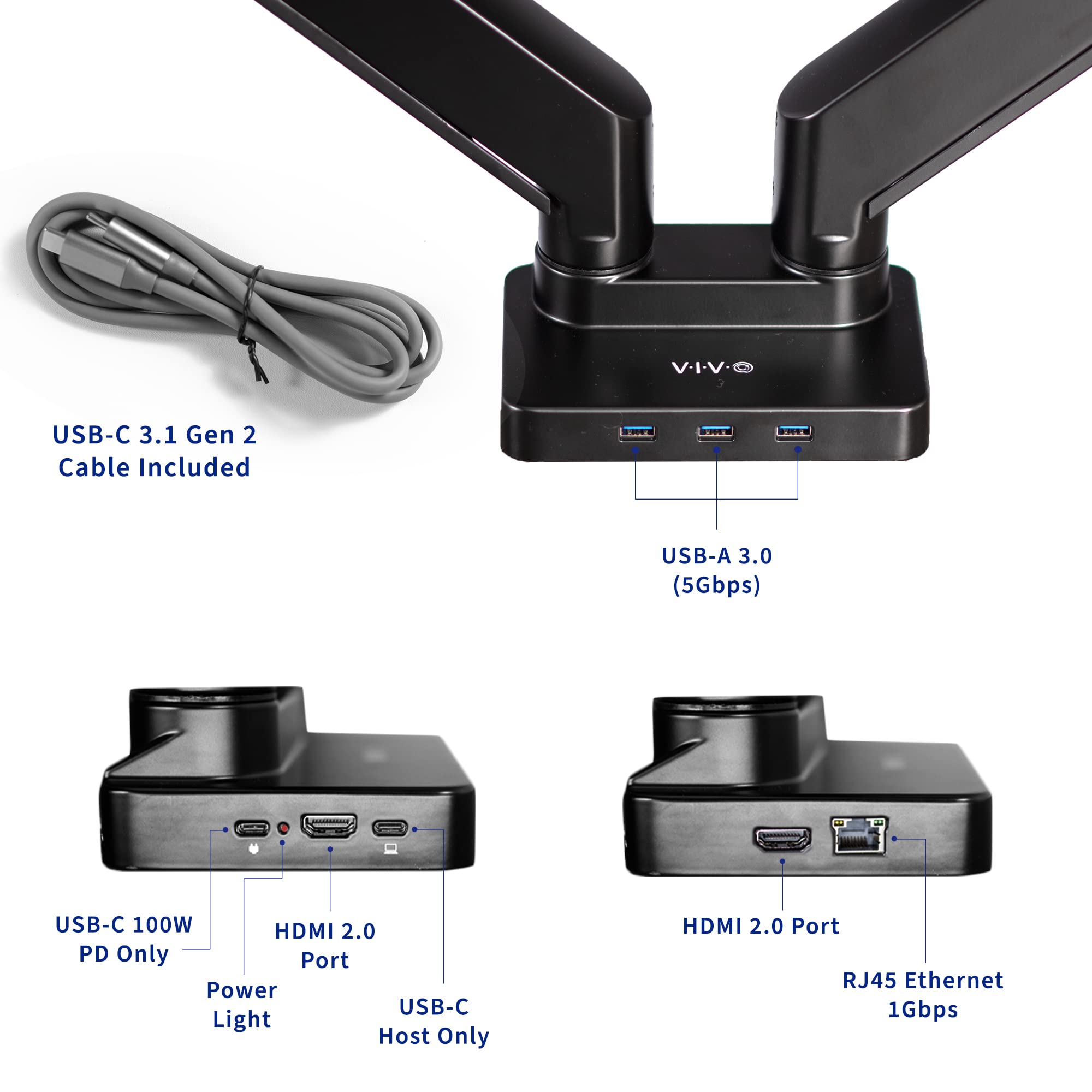 VIVO Heavy Duty Aluminum Dual Monitor Arm with USB-C Docking Station - Fits 35
