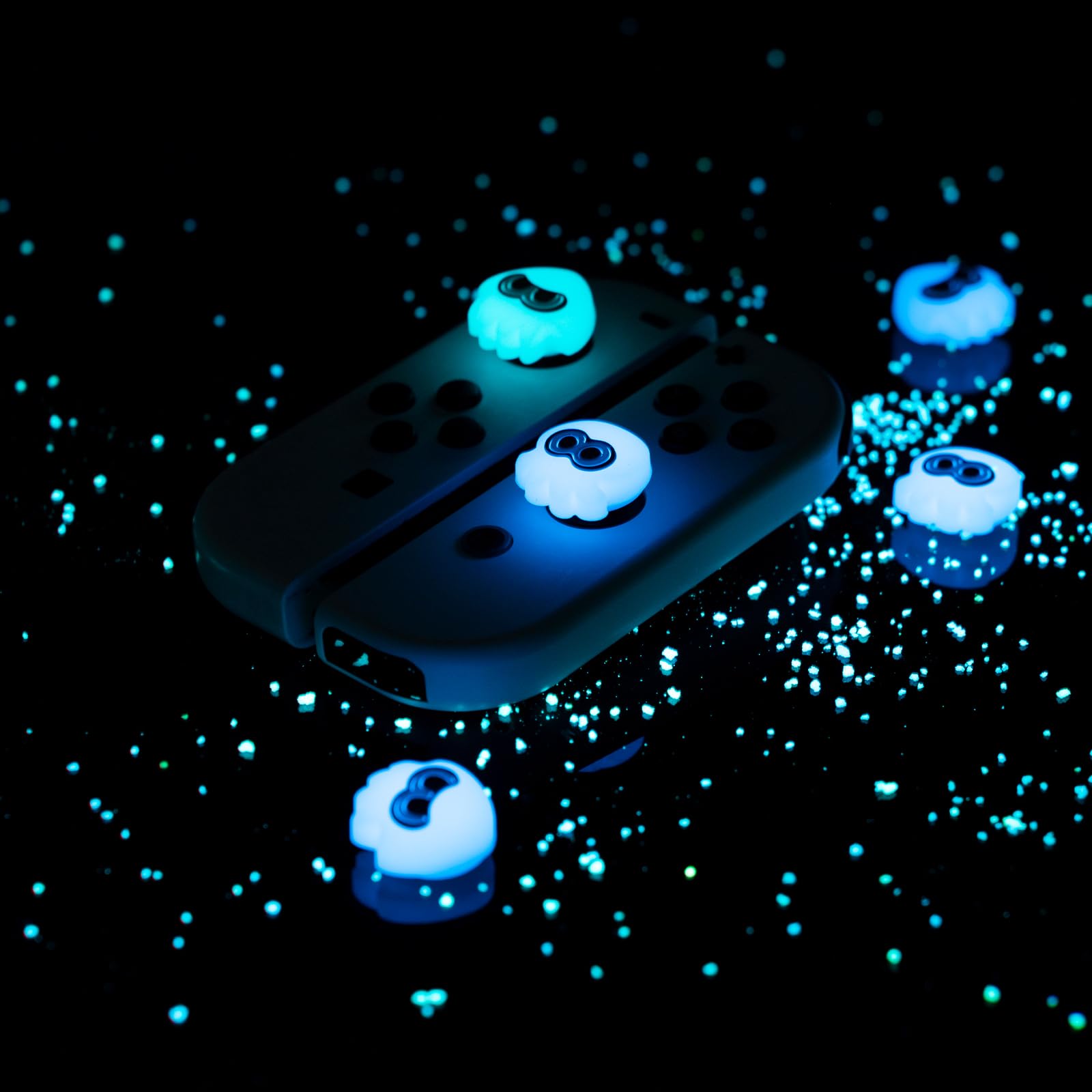 Nintendo Switch Joycon Thumb Grip Caps - Soft Silicone Joystick Cover Compatible with Switch/OLED/Lite (4PCS Squid & Octopus Luminous-Cyan&Green) - Perfect for Splatoon Gaming & Long Play Sessions