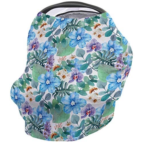 Floral Nursing Cover & Breastfeeding Scarf - Soft Breathable Infant Car Seat Canopy - 26x27.6 Inch Watercolor Blue Purple Flowers with Bees Design - Perfect for Shopping Cart, High Chair & Stroller Covers - Ideal for Nursing Moms & Baby Outings