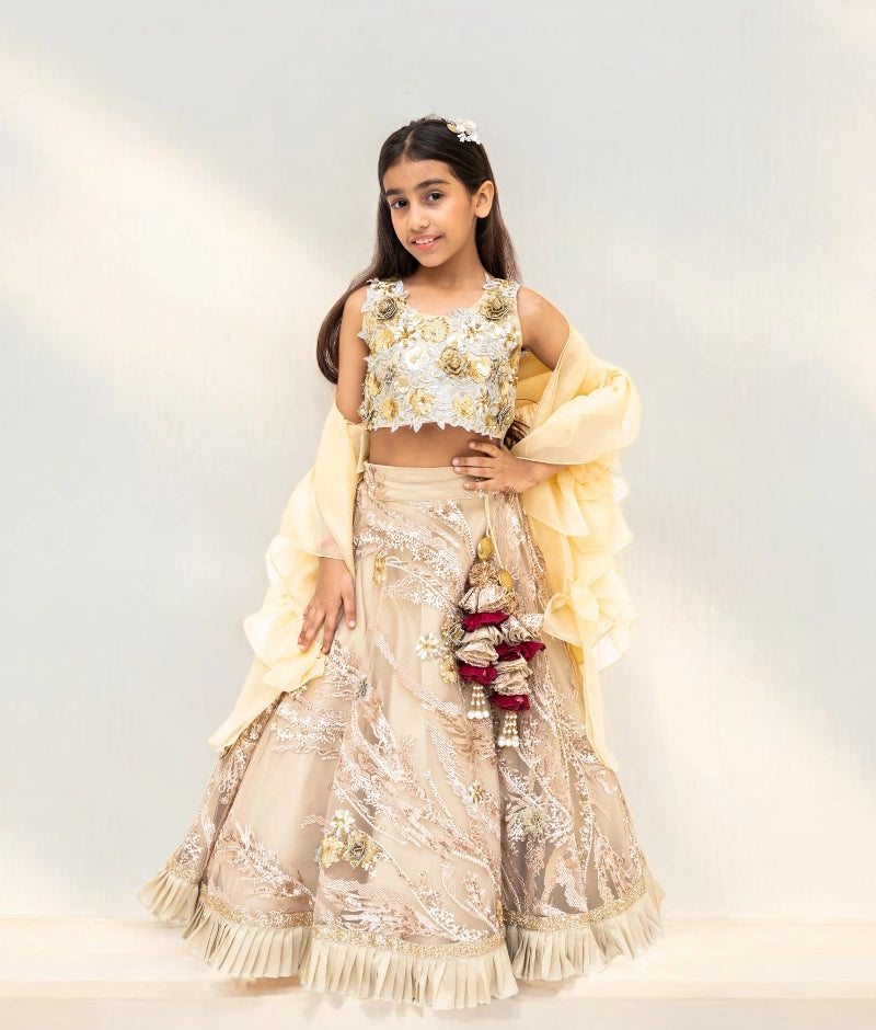 Pre Order: Golden Embroidery Lehenga with 3D Flowers Choli - Indian Bridal Wear for Weddings, Festivals & Special Occasions