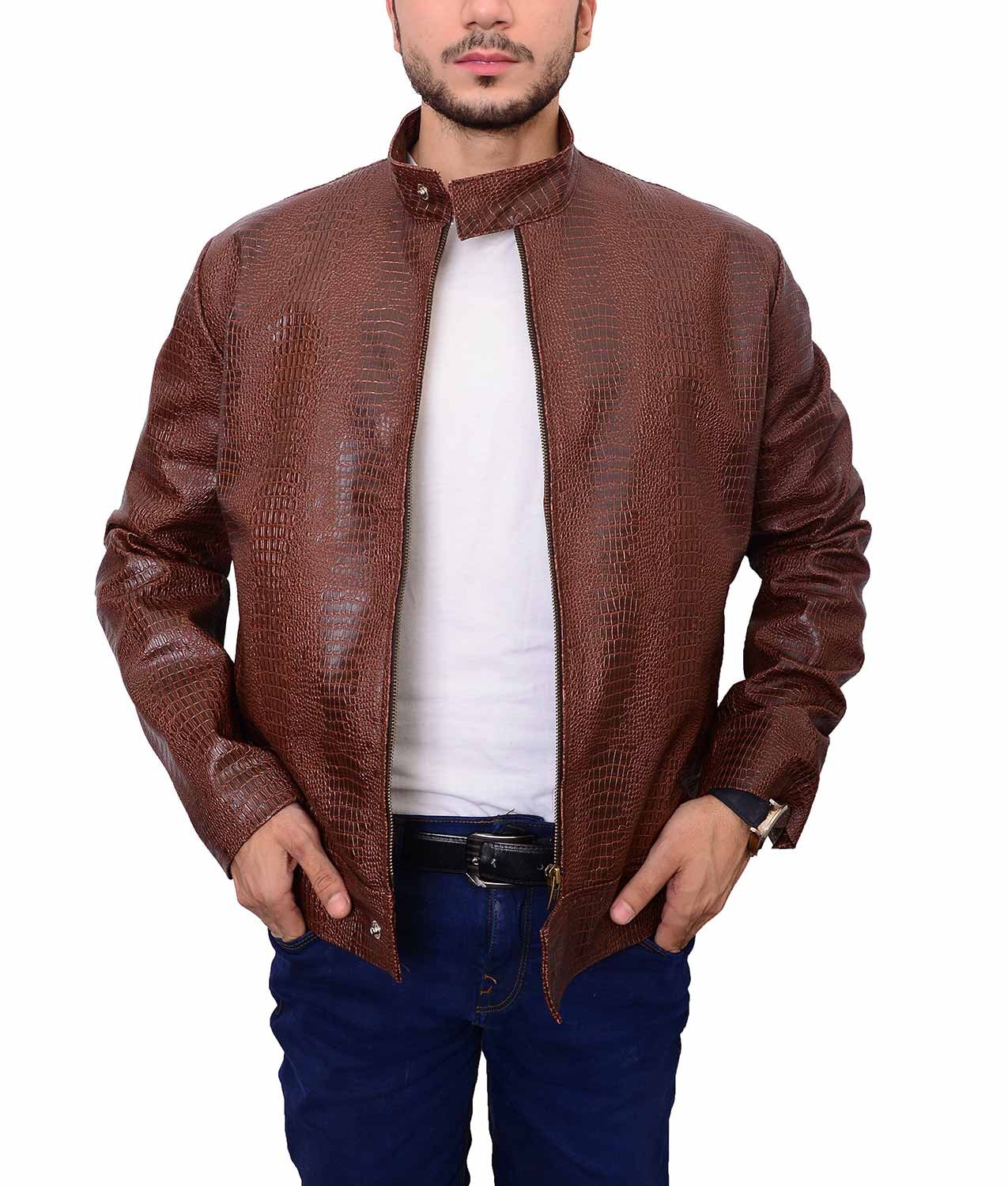Shazmeen Men's Crocodile Pattern Stand-Up Collar Retro Slim Fit PU Leather Jacket - Stylish Vintage Biker Jacket for Casual Outings & Motorcycle Rides