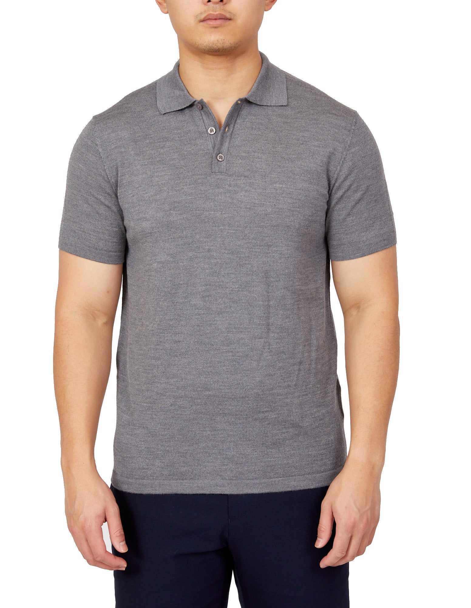 BEAUCAIRE Extra Fine Merino Wool Short Sleeve Polo Shirt for Men - Mid Grey | Breathable & Comfortable Casual Wear for Office, Golf & Summer Outings