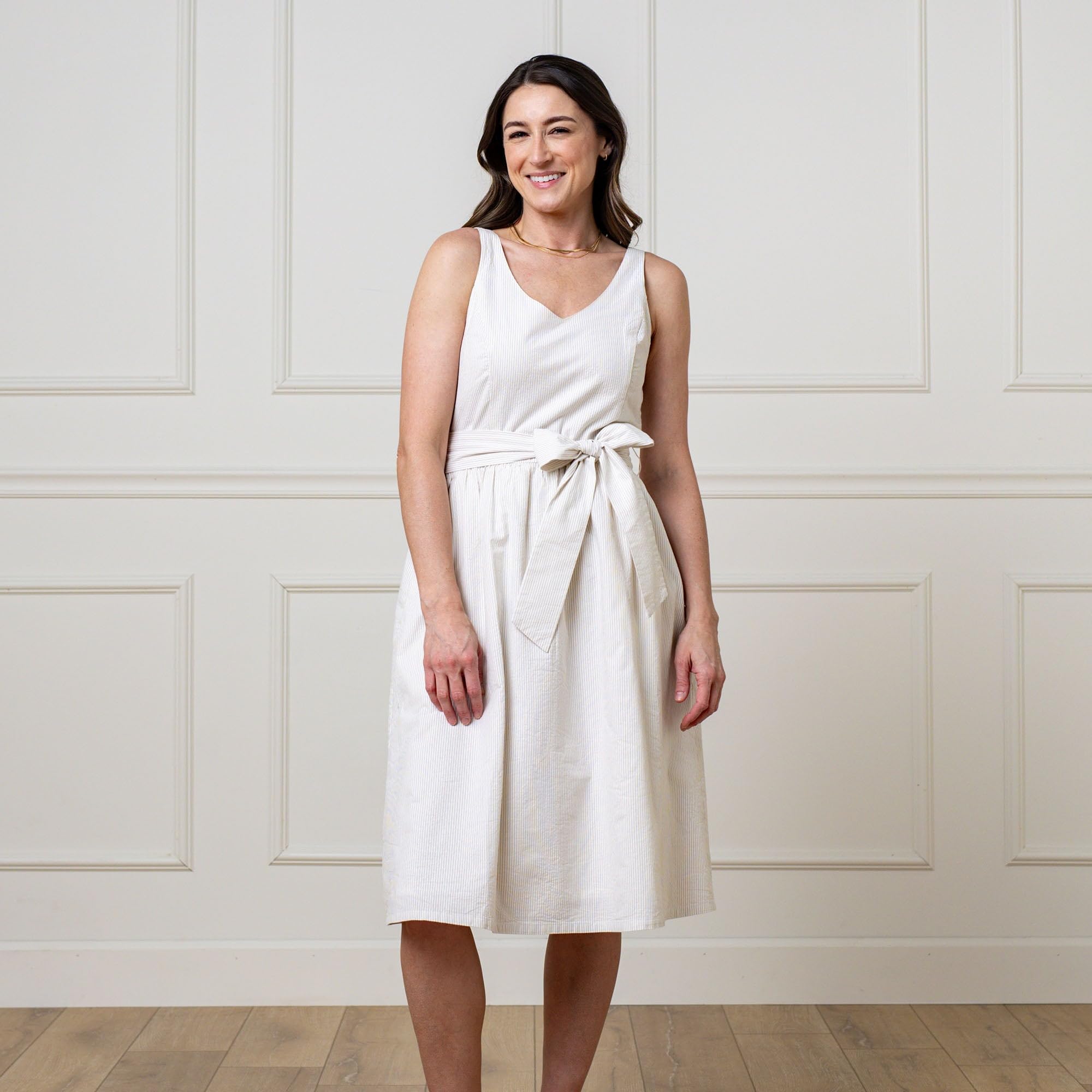 Hope & Henry Women's Sleeveless A-Line Dress with Adjustable Waist Sash - Flowy Summer Dress for Beach, Wedding & Casual Wear
