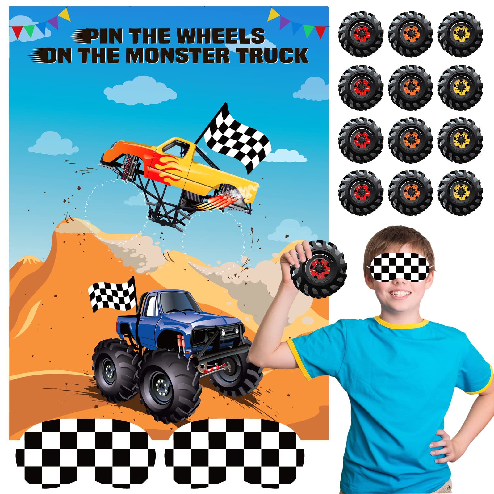 ASTARON Pin The Wheels on The Truck Party Game - 30 Tire Stickers for Car Theme Birthday, Baby Shower & Christmas Party Supplies | Fun Kids Activity, Boys Party Favors & Holiday Gift Idea