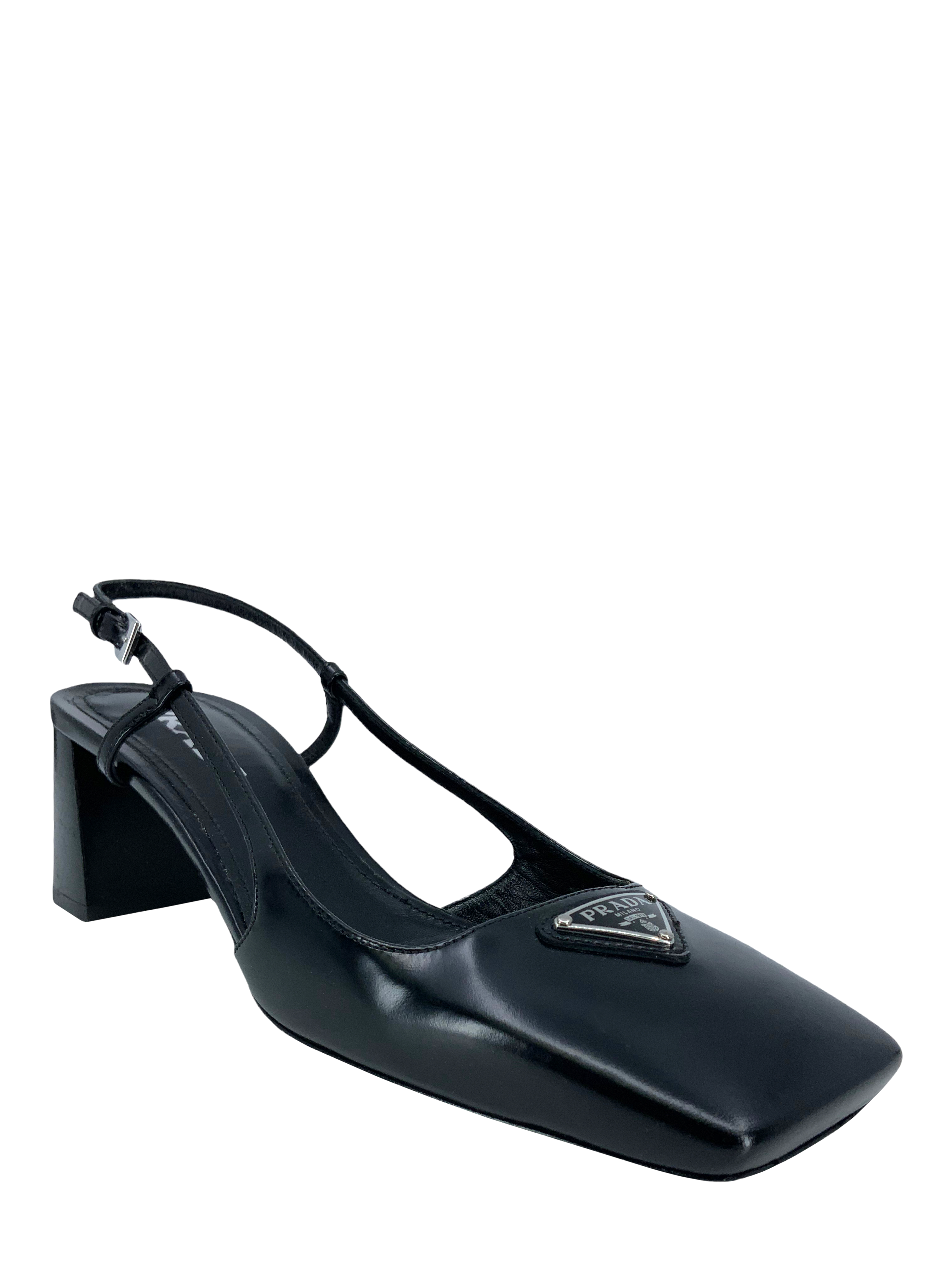 Prada Leather Slingback Pumps with Logo - Square Toe Heels for Women, Size 9 | Perfect for Office, Parties & Special Occasions