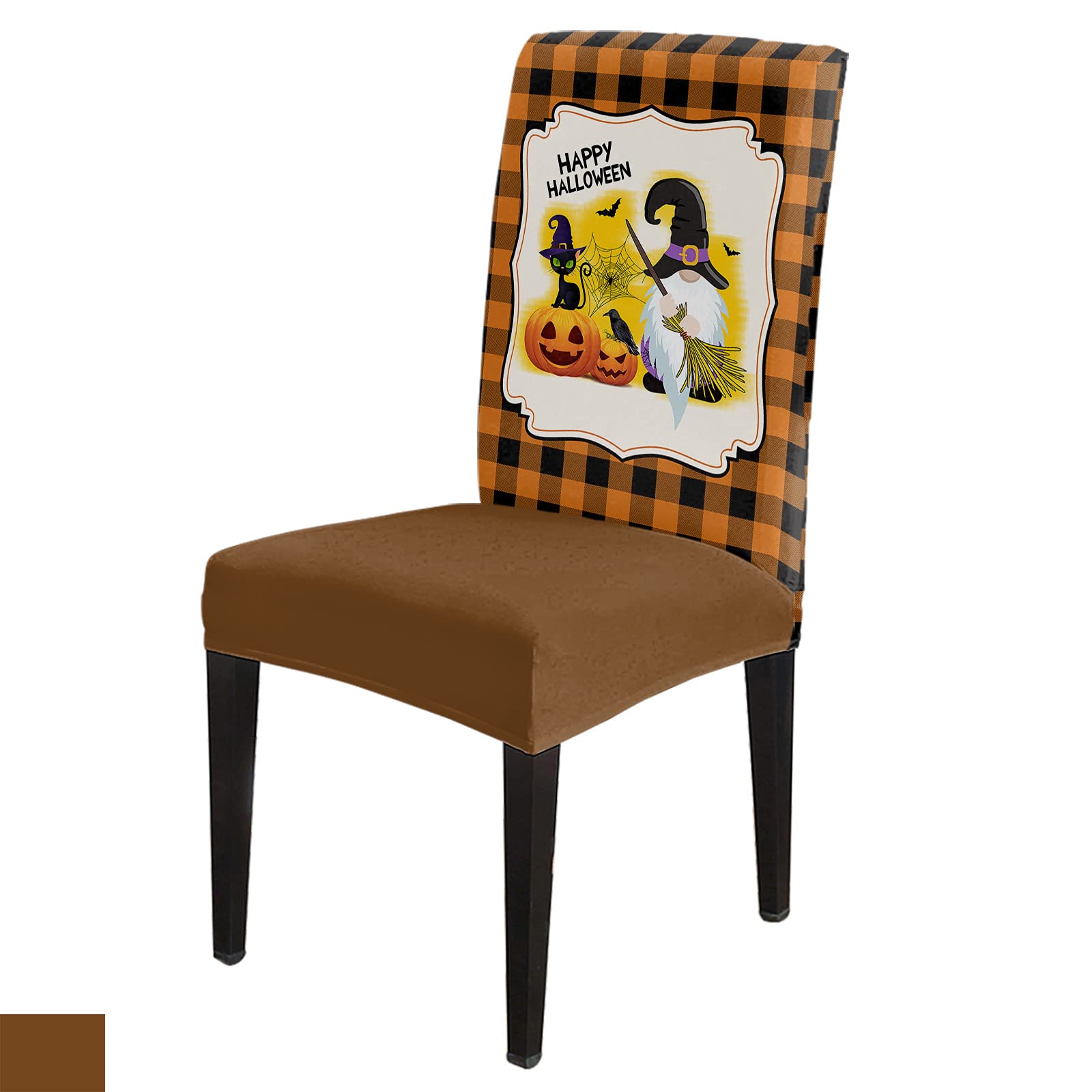 **Stretch Chair Covers Set of 6 - Halloween Gnome Pumpkin Buffalo Plaid Orange Black - Soft Elastic Dining & Office Chair Protectors - Perfect for Kitchen, Dining Room & Workspace**