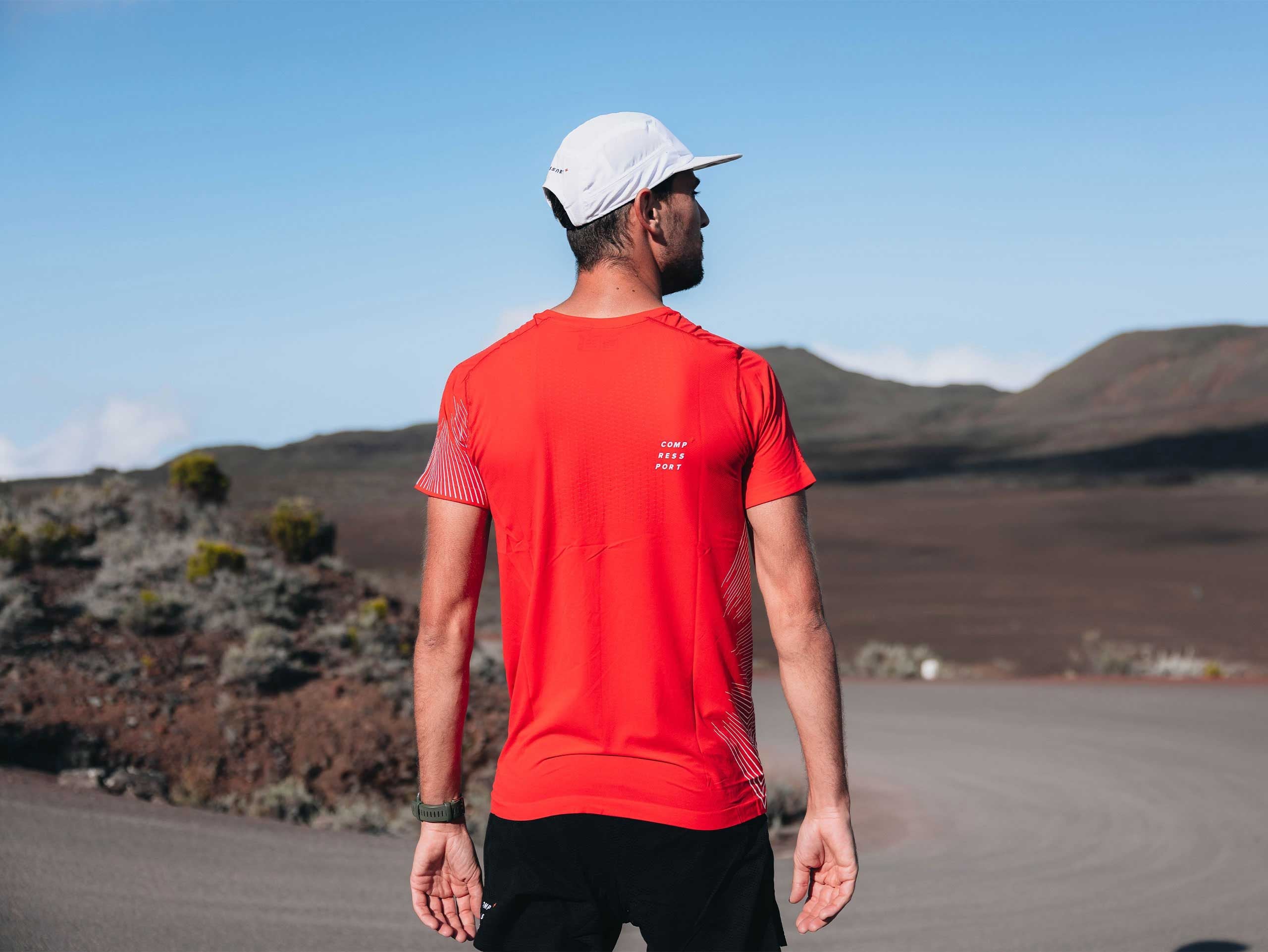 Compressport Men's Performance Short Sleeve Running Shirt - High Risk Red/White - Moisture Wicking Athletic Top for Marathon, Gym & Outdoor Workouts