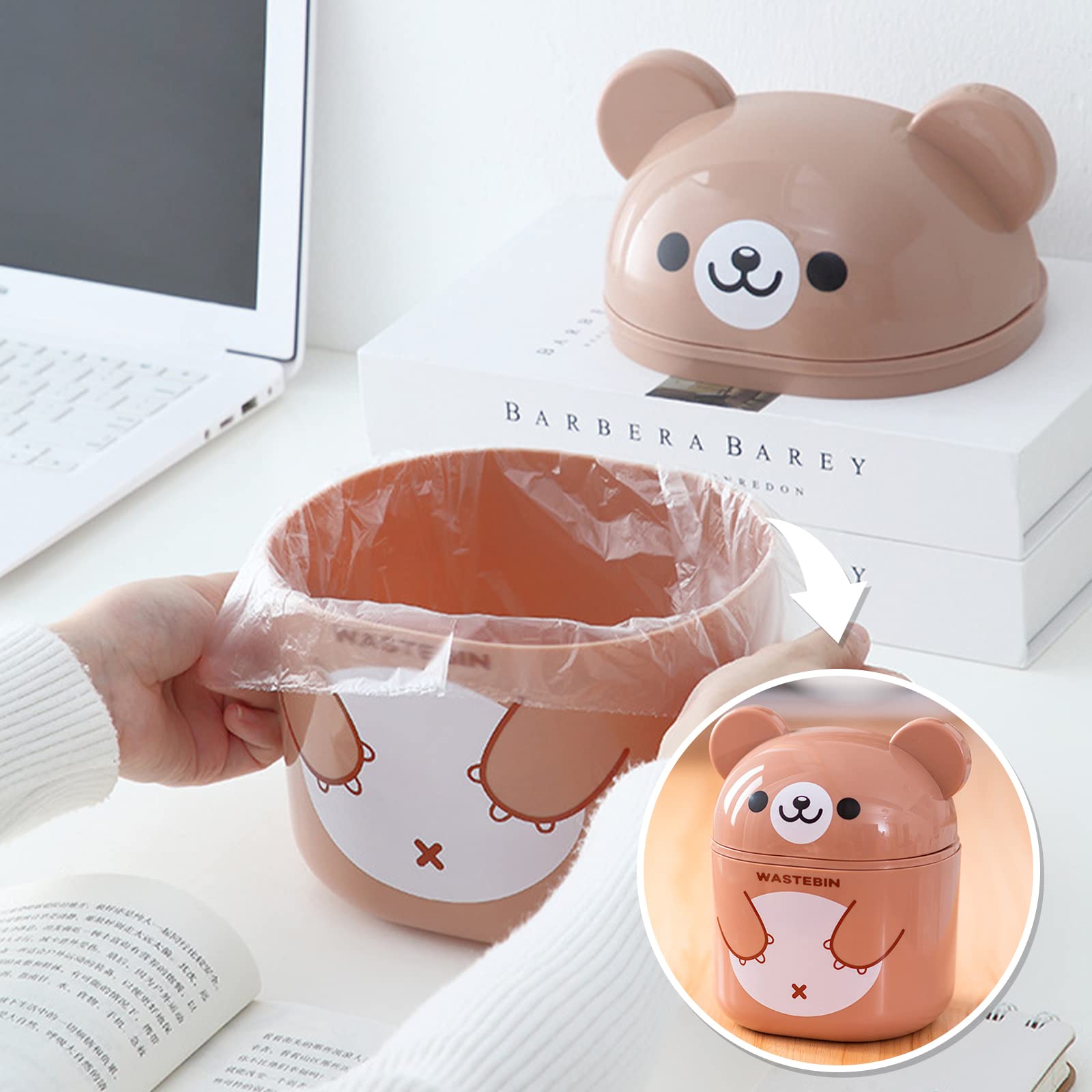 Mini Countertop Trash Can with Lid - Small Desk Waste Bin for Office, Vanity & Coffee Table - Cute Bear-White Garbage Can for Home Decor & Organization - Perfect for Bedroom, Bathroom & Workspace