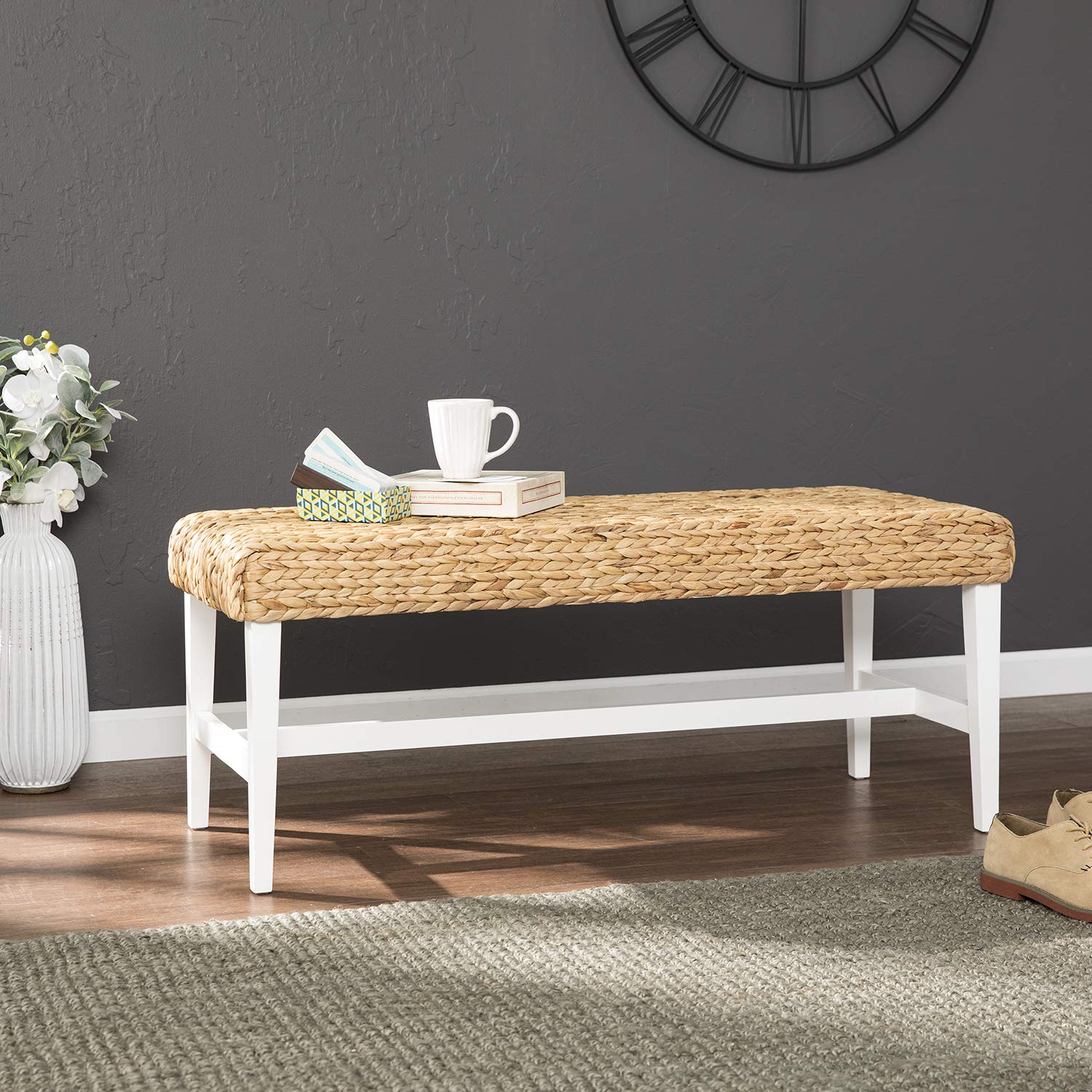SEI Furniture Woven Coffee Table Bench - White Rattan Ottoman with Storage | Modern Living Room Accent Piece for Small Spaces, Bedroom or Entryway