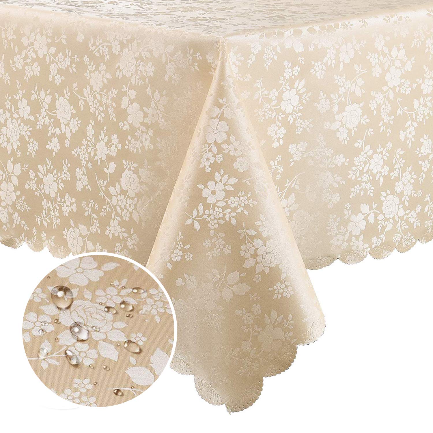 Waterproof Heavy Duty Vinyl Wipeable Washable 60 x 102 Inch Beige Tablecloth for Kitchen and Dining Room