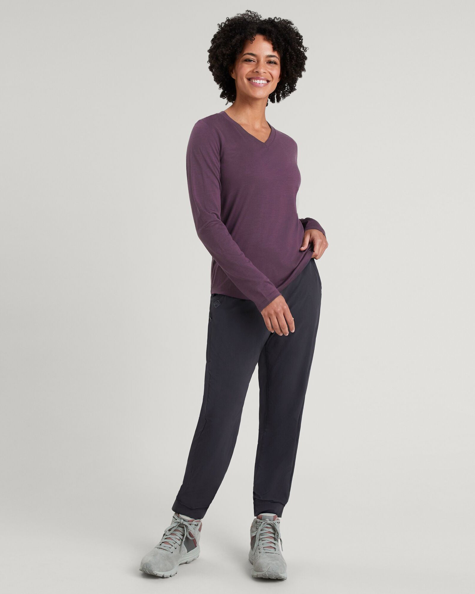100% Merino Wool Women's Long Sleeve V-Neck Top - Soft & Breathable Winter Base Layer for Hiking, Yoga & Everyday Wear