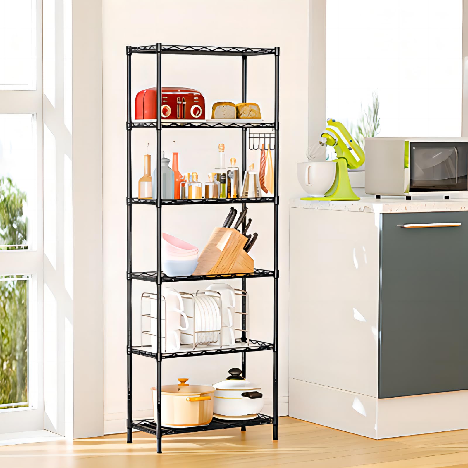 Homdox 6-Tier Heavy Duty Wire Shelving Unit - Adjustable Free Standing Storage Rack with Leveling Feet & Stainless Steel Side Hooks, Black - Perfect for Garage, Pantry, Closet, and Office Organization