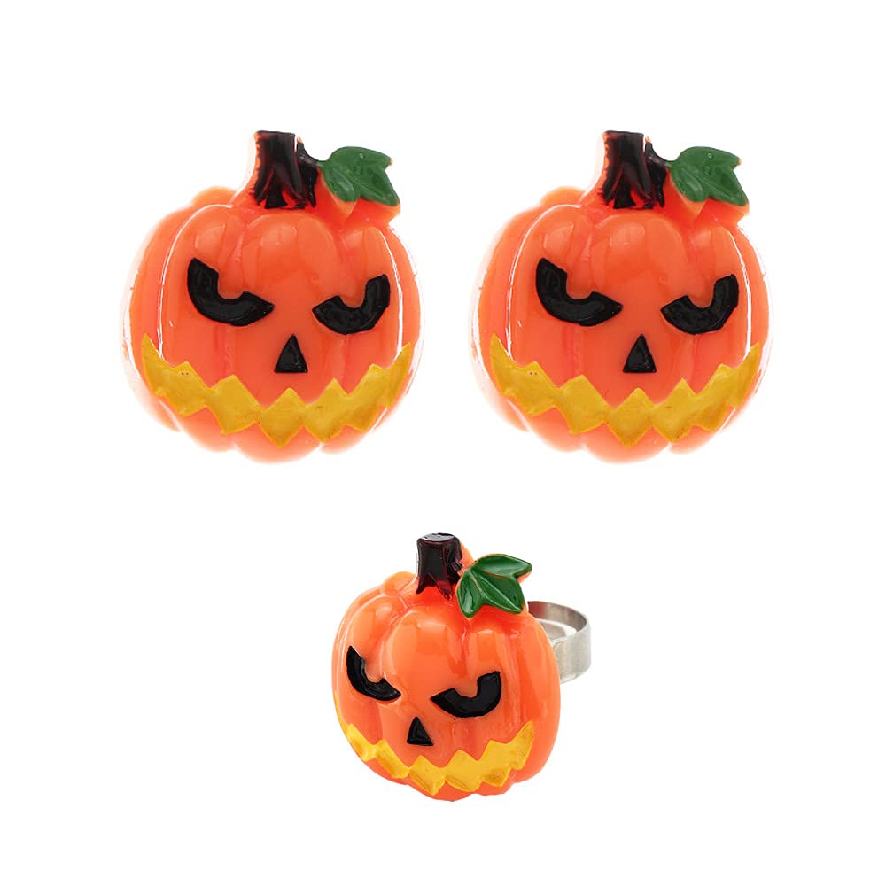Halloween Earrings & Ring Set - Funny Cute Pumpkin Ghost Acrylic Jewelry for Women Men - Perfect for Halloween Costume Parties & Trick or Treat Accessories