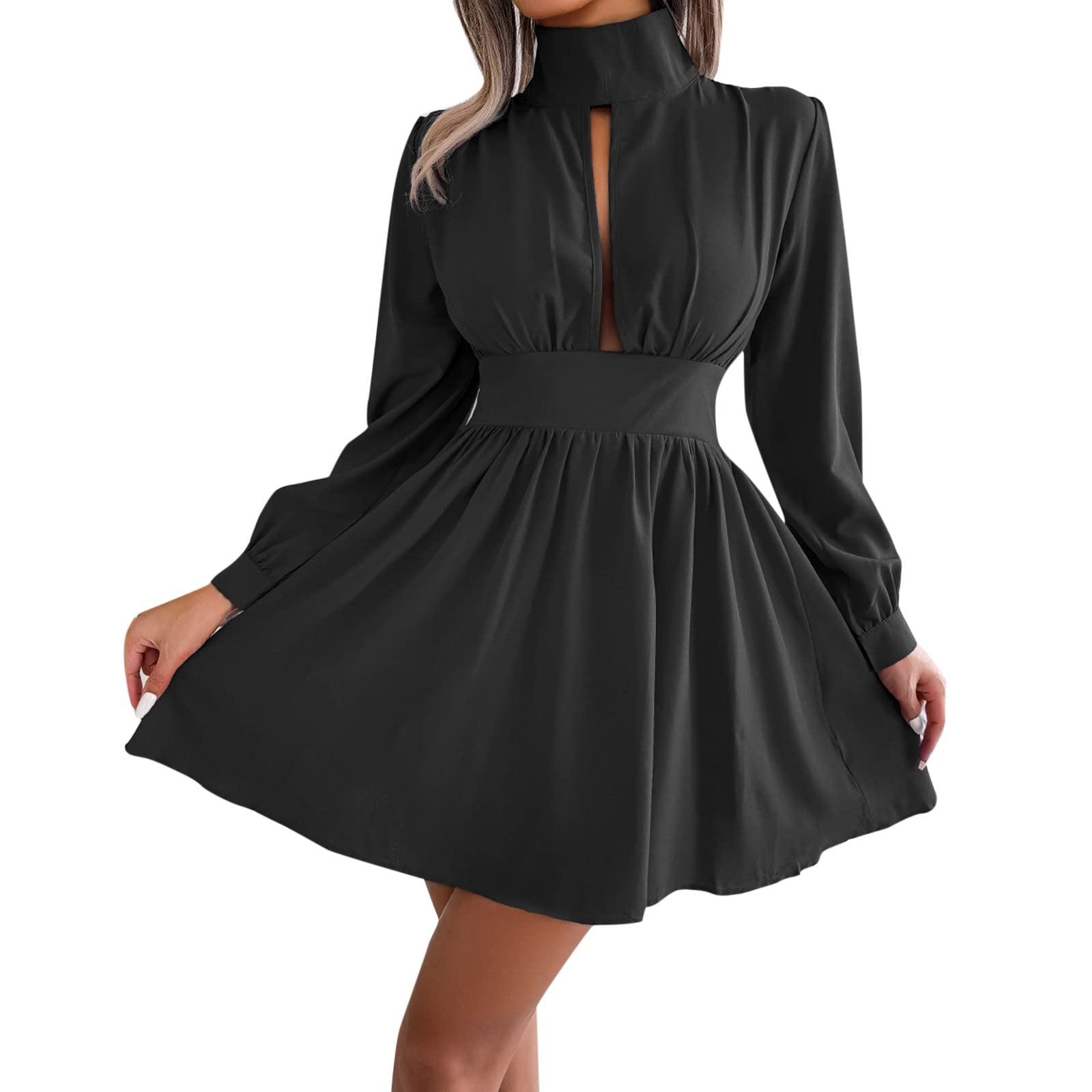 Sexy Hollowed Out Waist Cotton V-Neck Dress for Women - Autumn Winter Fashion with Large Hem - Perfect for Parties, Dates & Office Wear