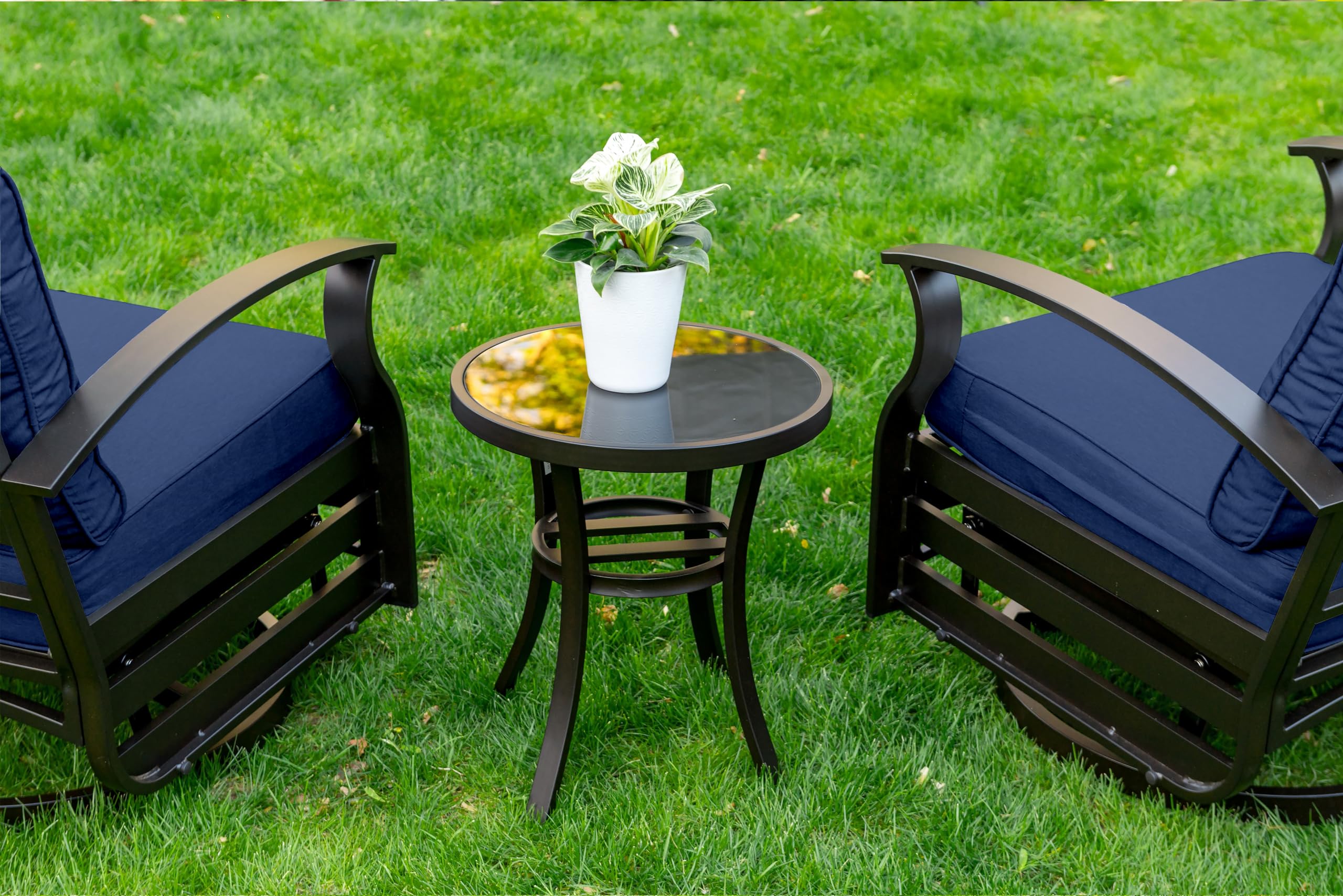 Gotland 3-Piece Outdoor Aluminum Swivel Rocking Chair Set with Coffee Table & Navy Cushions - Patio Furniture for Porch, Garden, Deck, and Backyard Relaxation