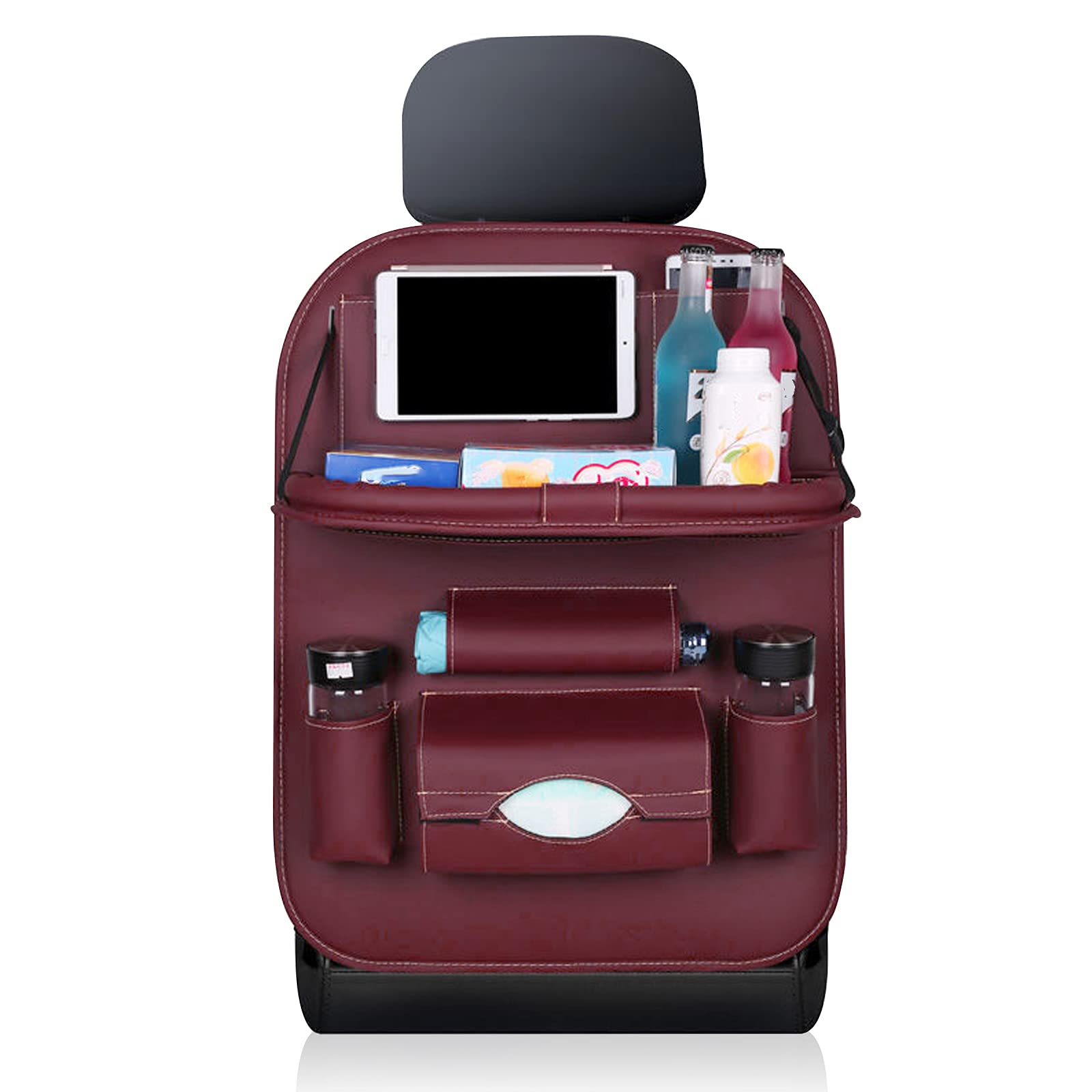 Upgraded Car Seat Back Protector & Kick Mats for Kids - Anti-Kick PU Leather Backseat Organizer with Storage Pockets & Tablet Holder - Wine Red - Perfect for Family Road Trips & Child Safety