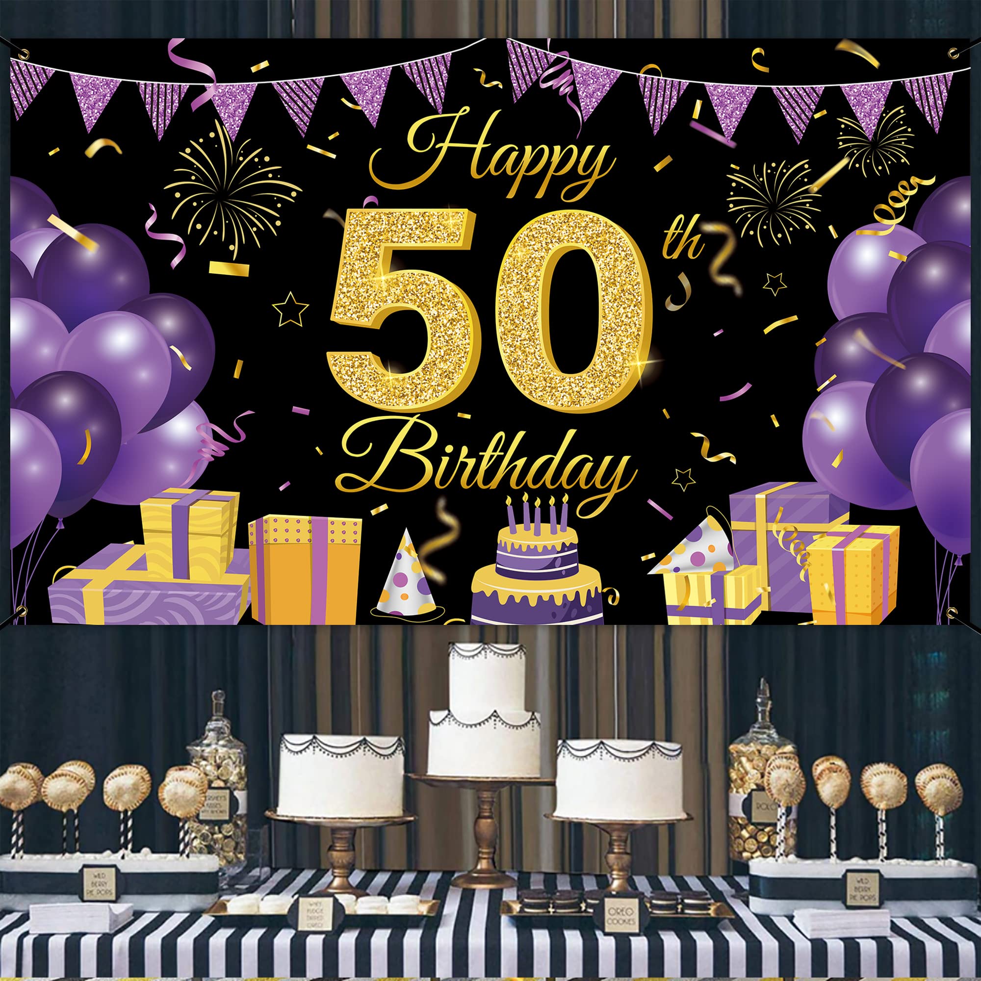 Happy 50th Birthday Backdrop Banner - 70.86” x 43.3” Purple & Black Party Decor - Cheers to 50 Years Old Celebration Supplies - Yard Sign, Poster Background for Birthday Parties, Anniversaries & Milestone Events