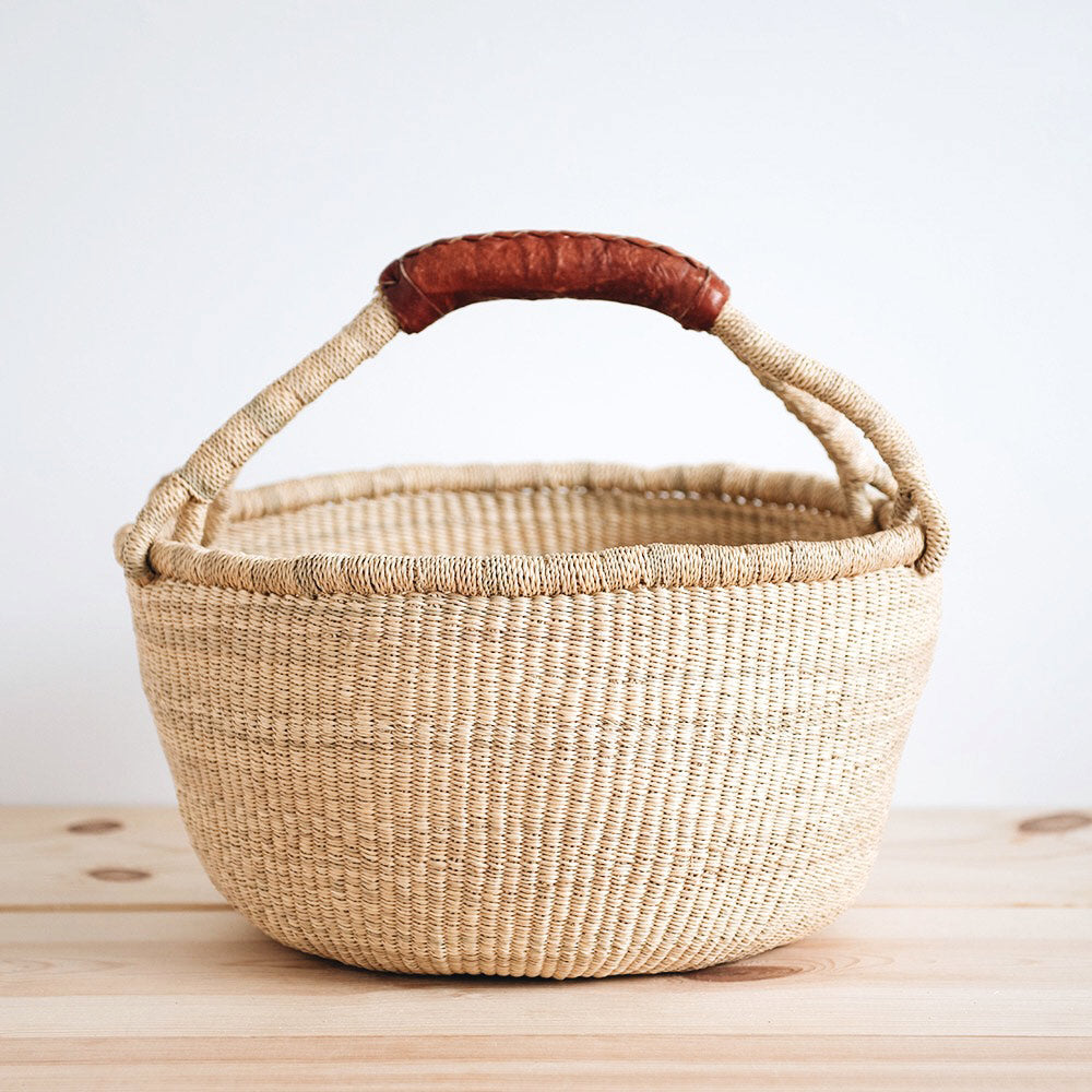 Handwoven Bolga Basket with Brown Leather Handle - Perfect for Home Decor, Storage & Picnic Accessories