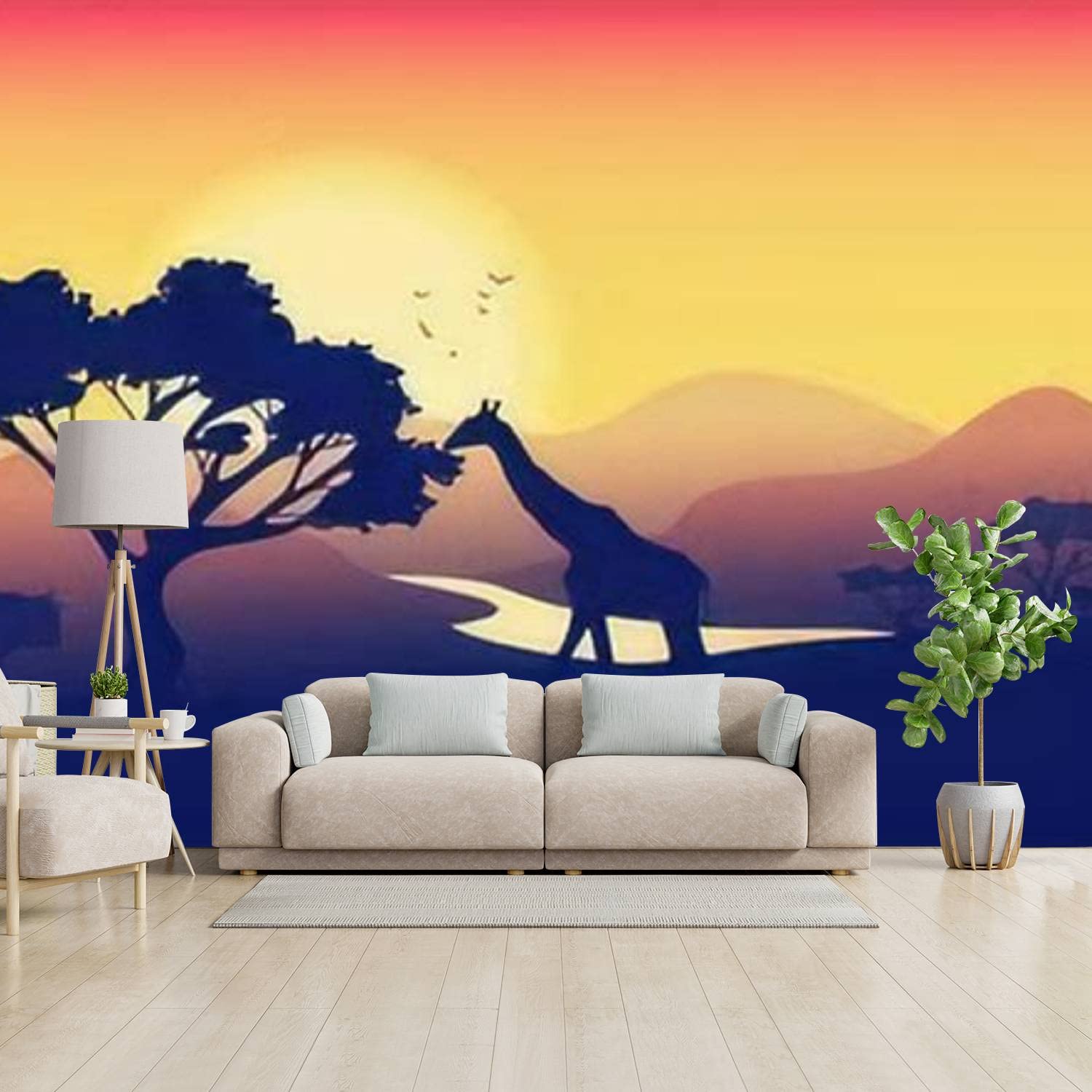3D Removable Wallpaper Peel and Stick - African Sunset Landscape with Acacia Tree & Giraffe - Modern Wall Stickers for Living Room, Bedroom Decor | Easy DIY Home Wall Art & Nursery Wallpaper