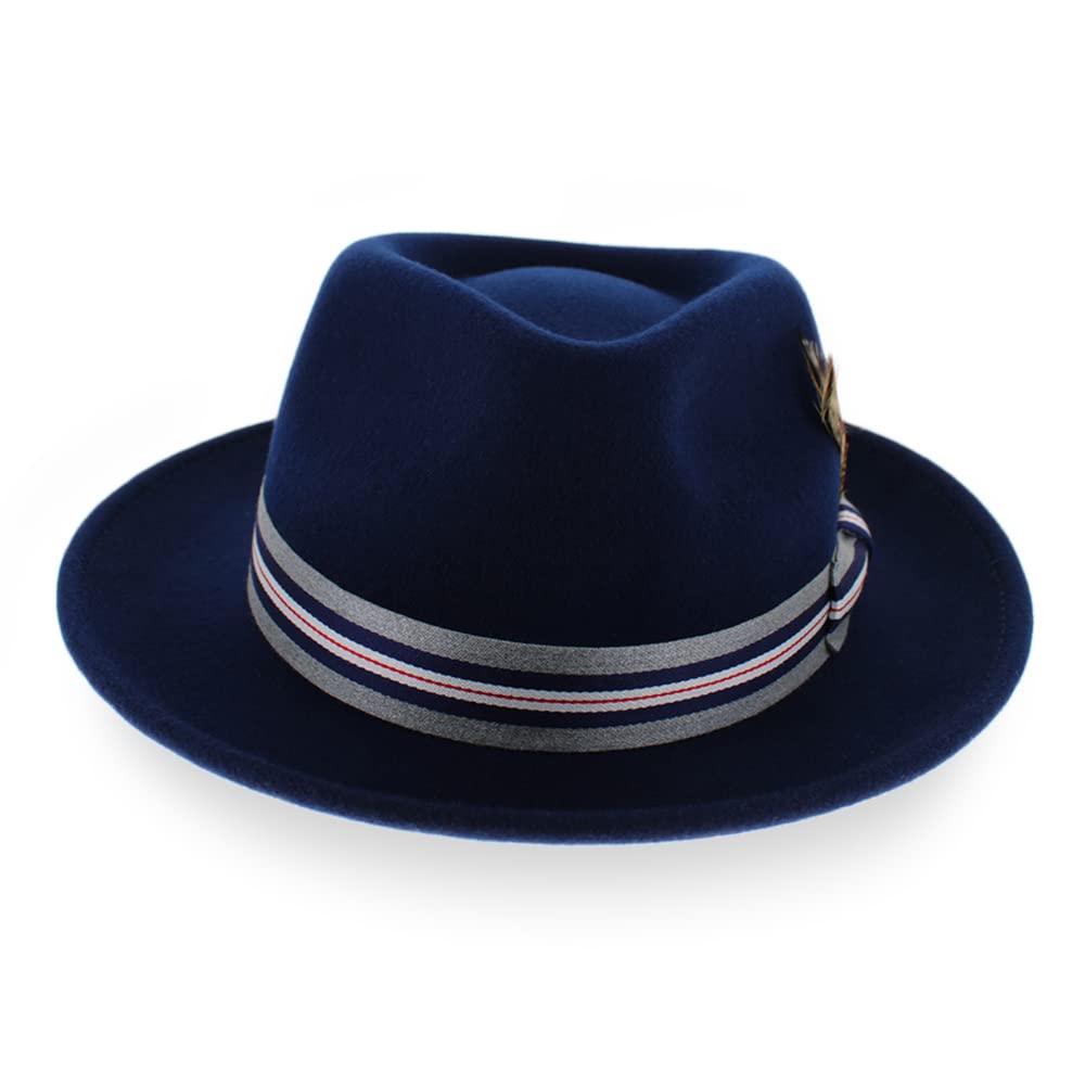 Crushable Wool Fedora Hat for Men - Stain Resistant, Navy Grey Stripe - Perfect for Outdoor & Casual Wear