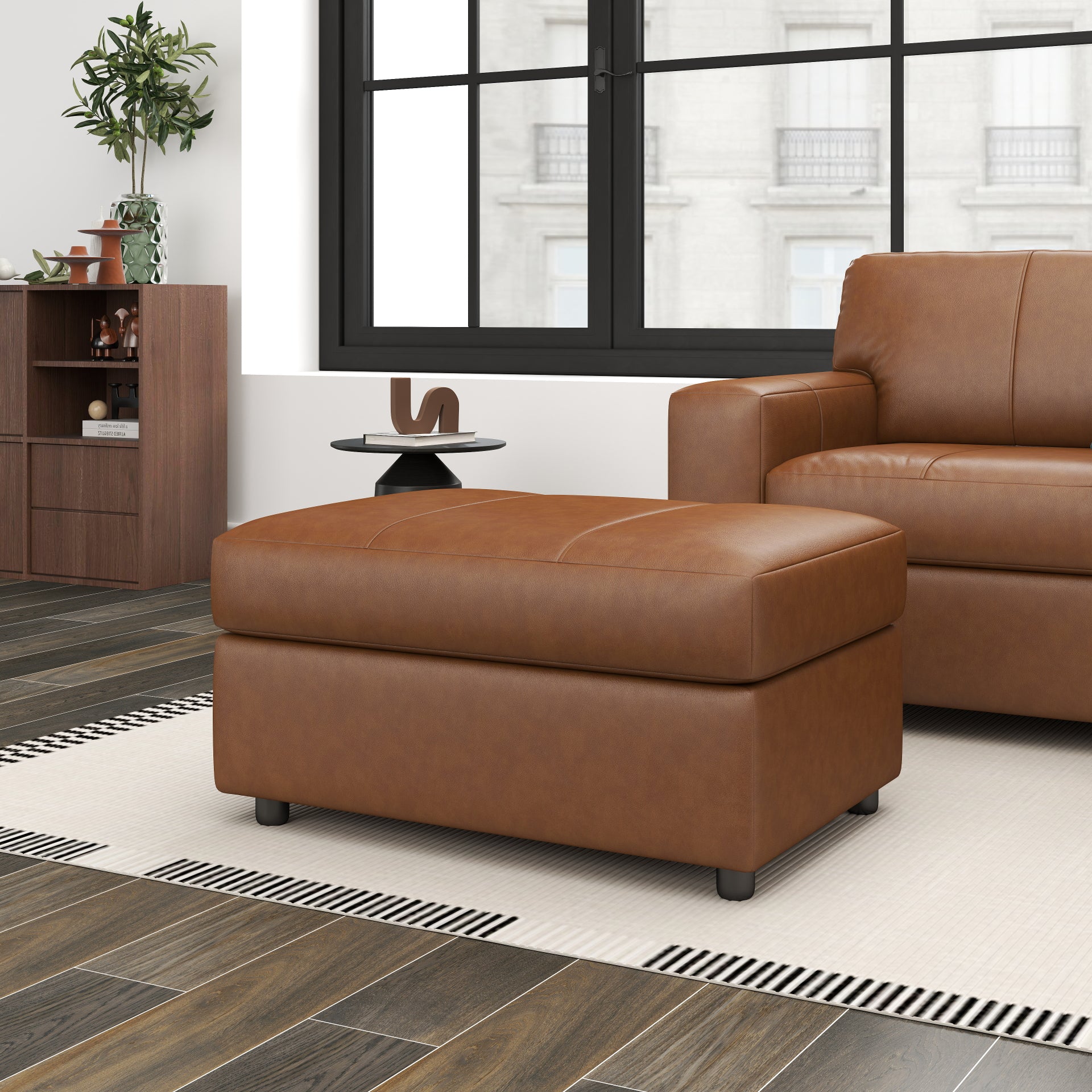 Roundhill Furniture Sakan Leather Upholstered Ottoman - Premium Leather Footrest Stool with Storage for Living Room, Bedroom & Home Decor