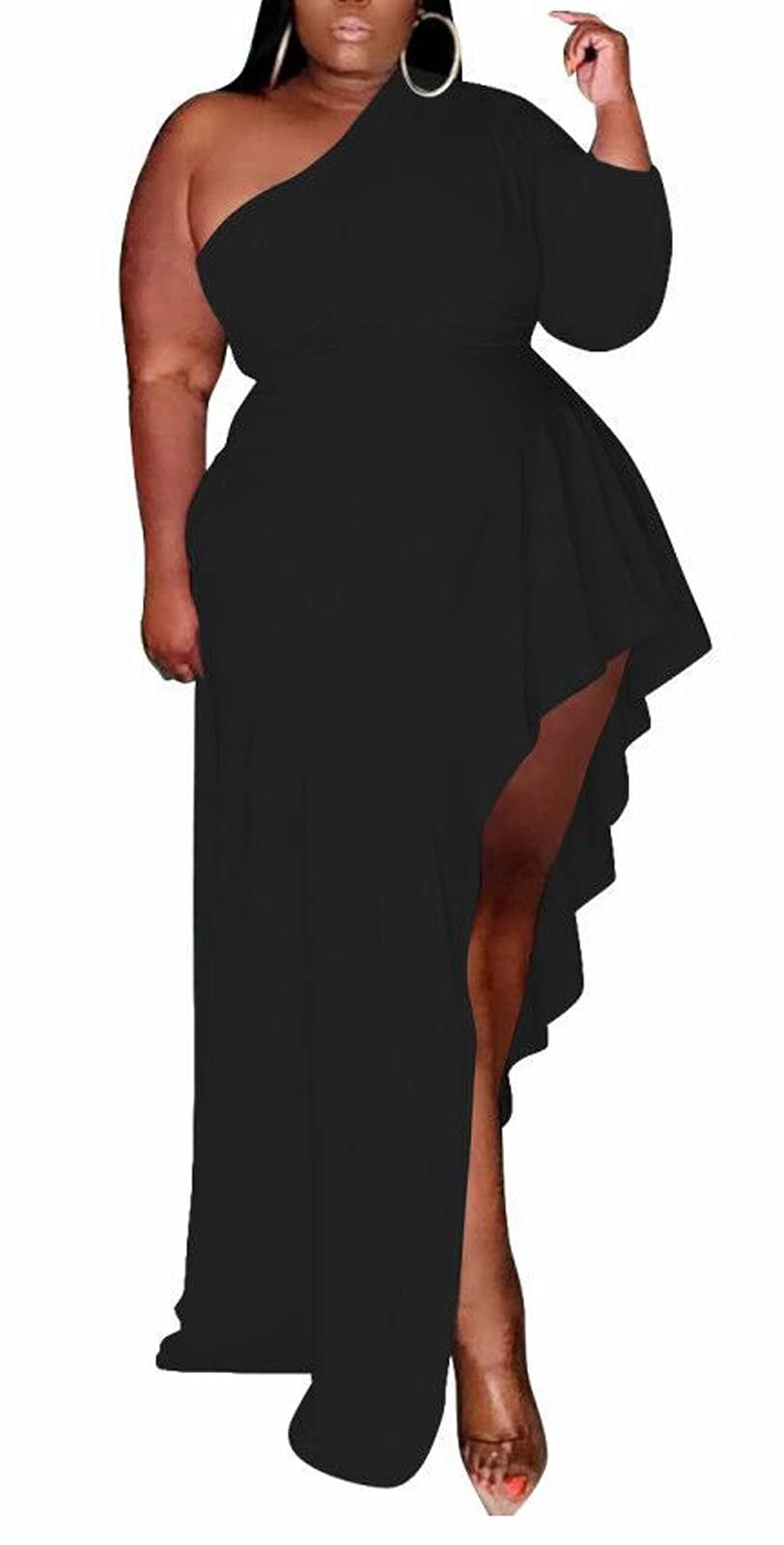 Aro Lora Women's Plus Size Elegant One Shoulder Ruffle Asymmetrical Long Maxi Dress for Evening Party, Wedding Guest, Prom & Special Occasions