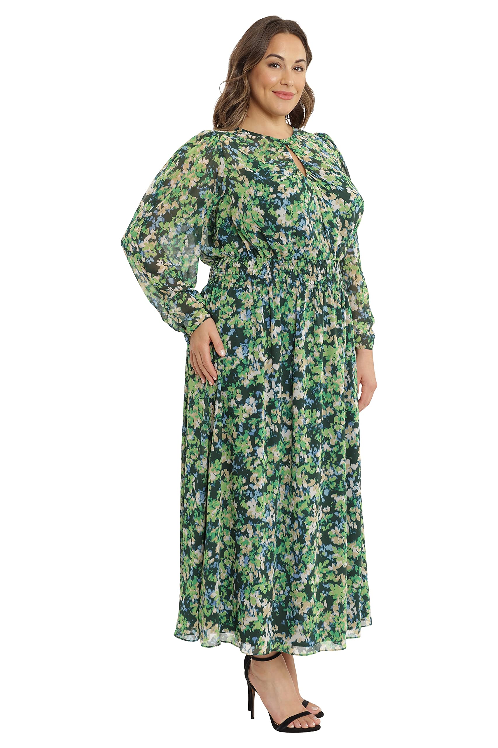 Maggy London Women's Front Keyhole Smocked Waist Midi Dress - Elegant Floral Print Summer Dress for Cocktail Parties, Weddings & Office Wear