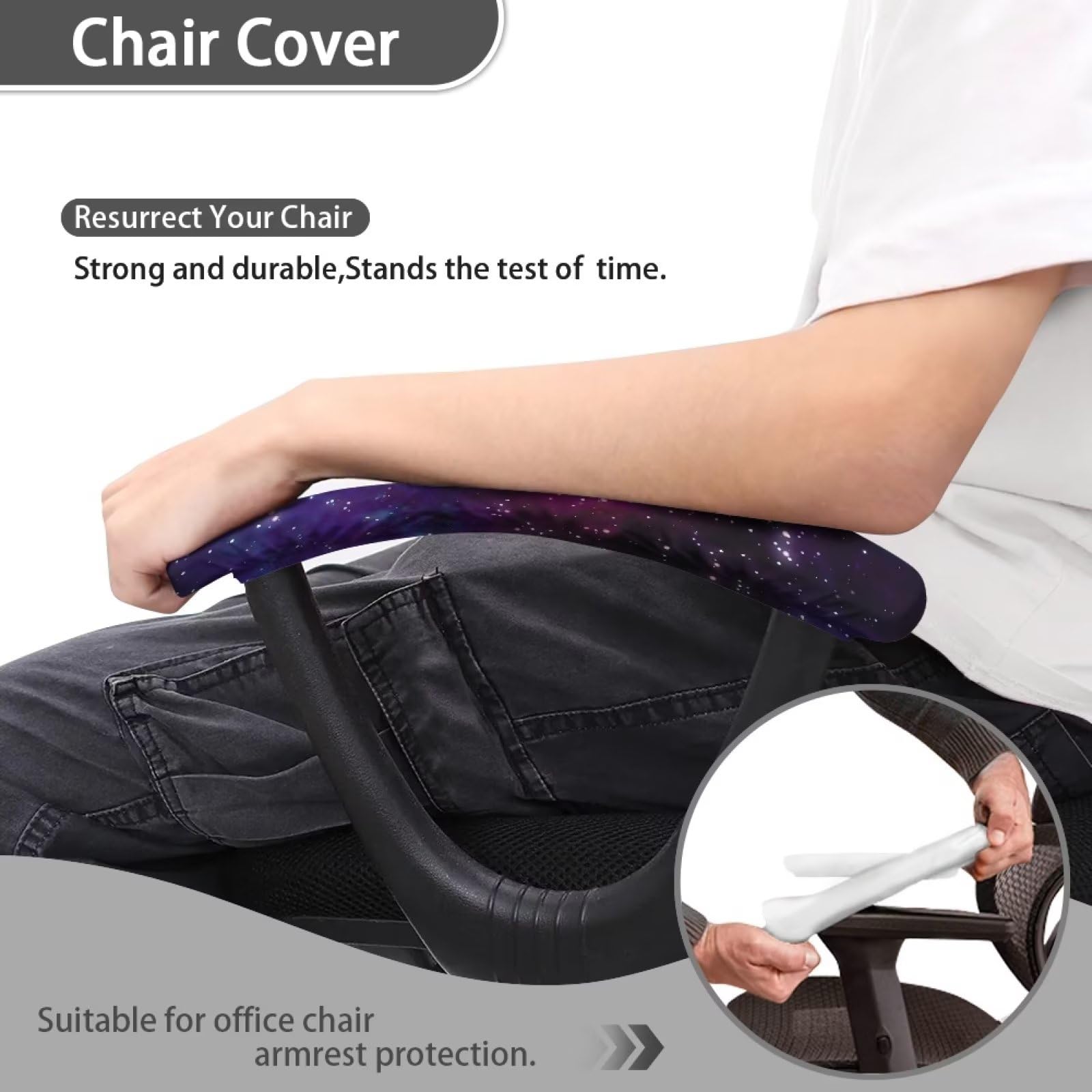 2PCS Galaxy Print Chair Armrest Covers - Elastic Office Chair Arm Protectors for Desk & Computer Chairs (Purple) | Prevent Wear & Add Comfort to Workspace