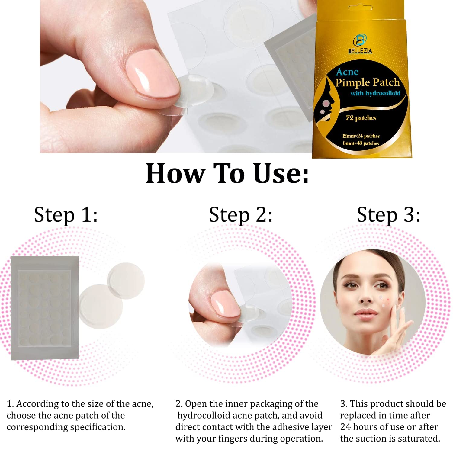 BELLEZIA Acne Pimple Patches - 72 Count Invisible Hydrocolloid Facial Stickers for Overnight Pimple Treatment & Acne Absorbing (36×2=72 Patches) | Gentle on Skin, Perfect for Daily Use, Travel & Emergency Breakouts