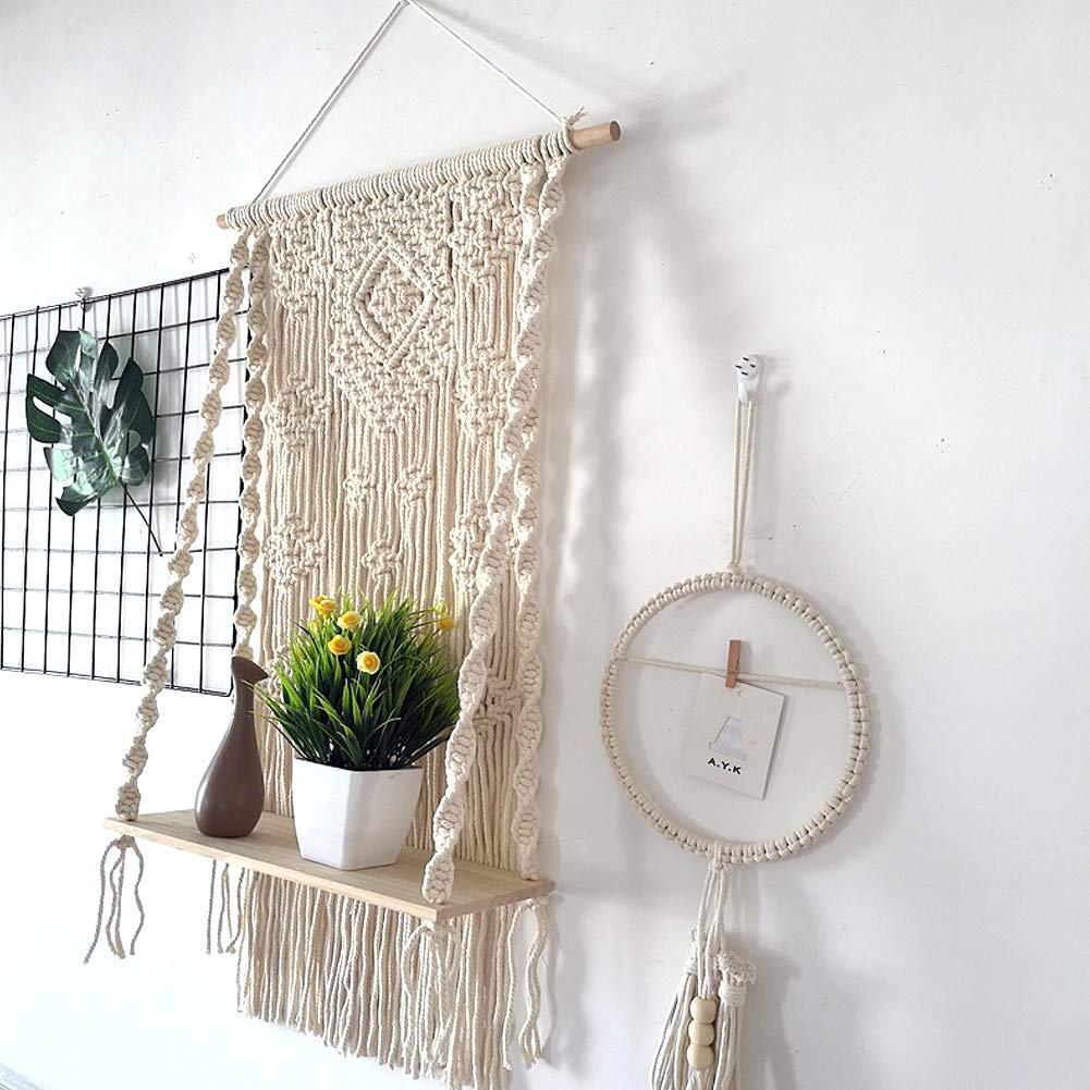 Handmade Macrame Wall Hanging Shelf - Boho Wooden Shelf Organizer with Rope Hanger for Plants | Home Decor for Living Room, Bedroom & Boho Style Spaces