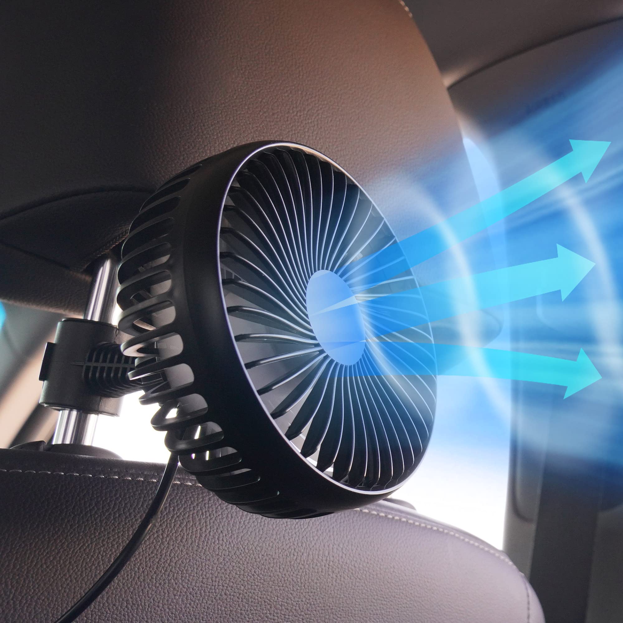 KMMOTORS USB Car Cooling Fan - Rear Seat Headrest Window Fan for Baby & Pet Comfort - Portable Vehicle Fan with USB Plug - Perfect for Summer Travel & Road Trips