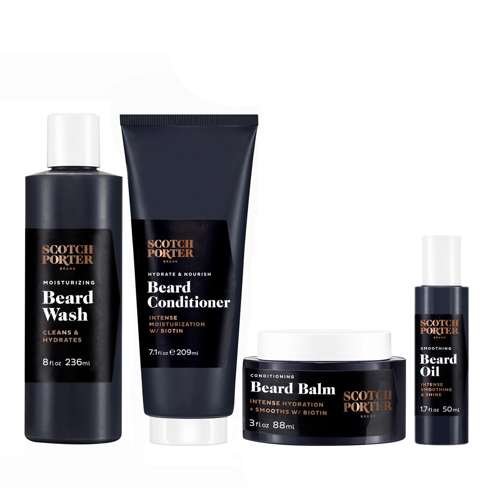 Scotch Porter Beard Growth Kit - Beard Wash, Conditioner, Serum & Balm for Coarse, Dry Hair - Moisturizing & Styling Set for Fuller, Healthier Looking Beards - Perfect for Daily Grooming & Men's Skincare Routine