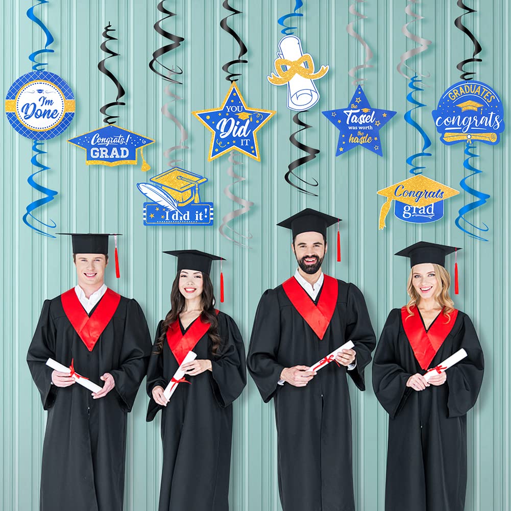 Class of 2025 Graduation Decorations - Navy Blue & Gold Hanging Swirls for Grad Party | Pre-Assembled Congrats Grad Decor | HappyField Brand | Perfect for Graduation Ceremonies, Parties & Photo Backdrops