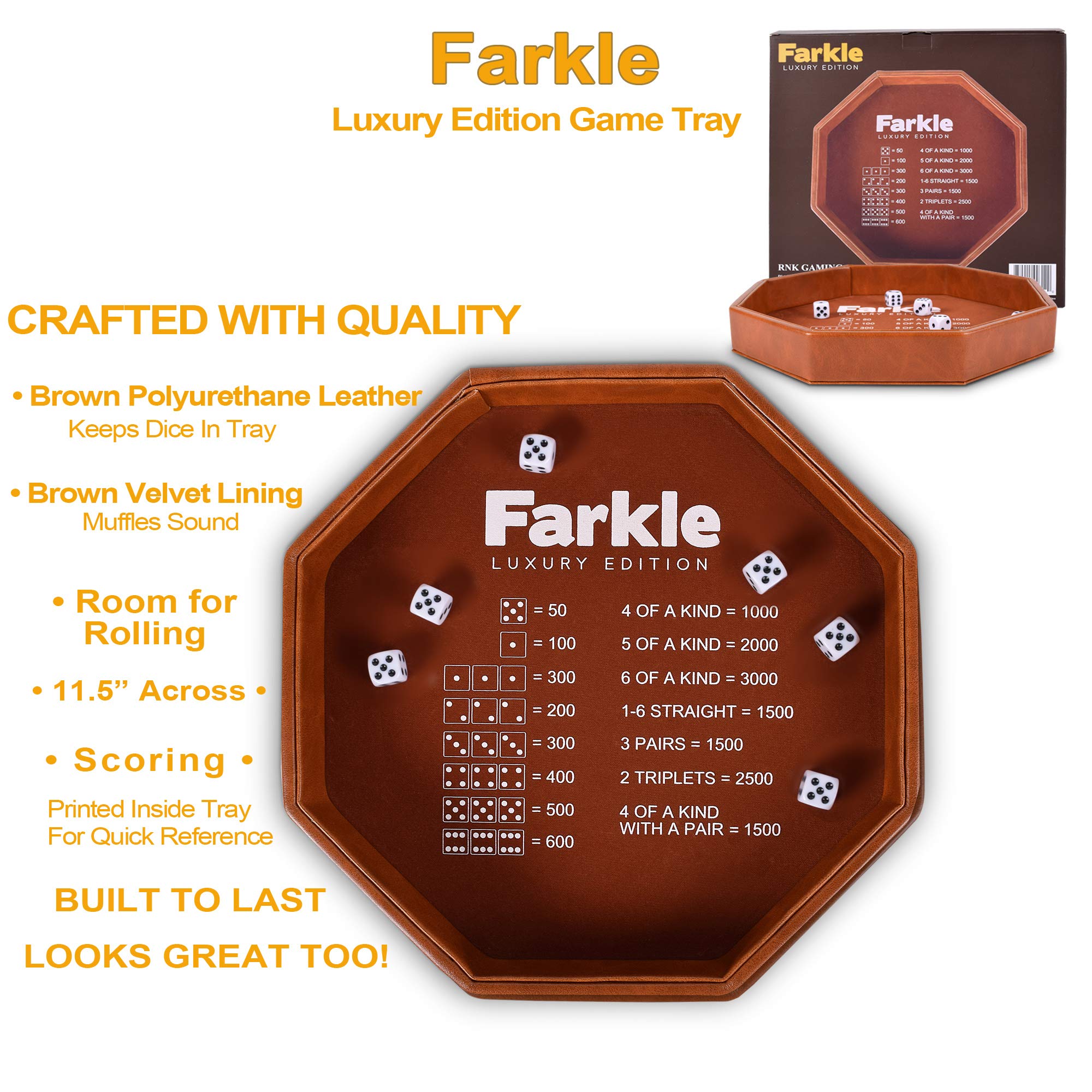 Premium Farkle Luxury Edition Dice Tray - Brown PU Leather Gaming Accessory for Board Games, Casino Night & Family Game Nights