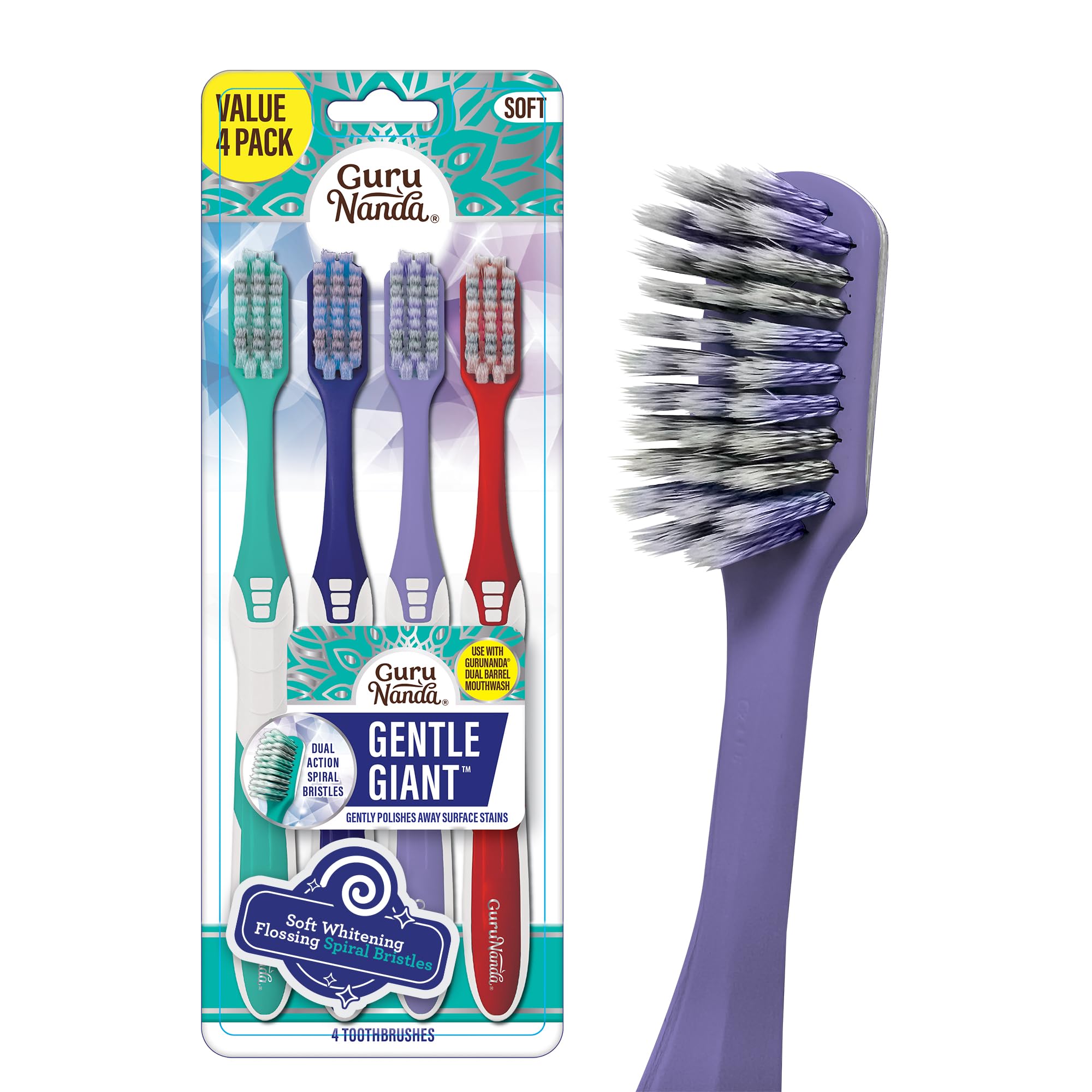 GuruNanda Gentle Giant Toothbrush with Dual Action Flossing Spiral Bristles - Ergonomic Non-Slip Grip for Effective Teeth Whitening - BPA Free (4 Pack) - Perfect for Travel, Home & Office Use