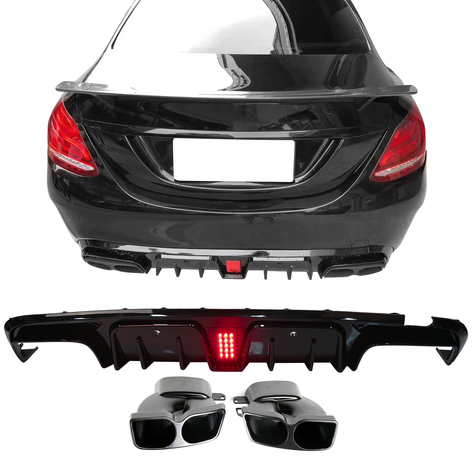 IKON MOTORSPORTS Rear Diffuser with Exhaust Tips for 2015-2021 Mercedes-Benz W205 C-Class C63 & C63S AMG | Gloss Black B-Style Rear Bumper Valance with LED Light | Perfect for Car Enthusiasts & Performance Upgrades