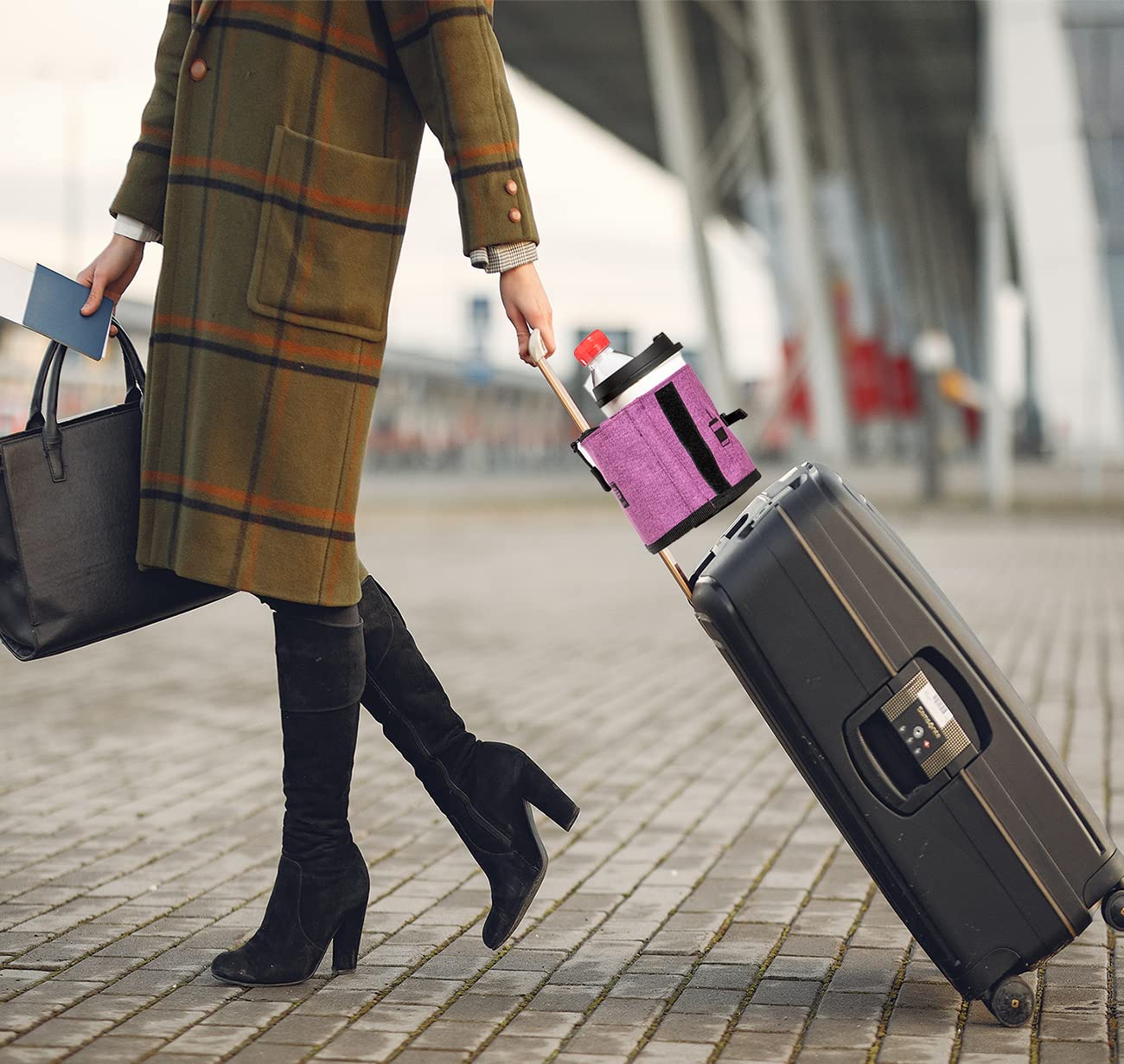 Universal Travel Cup Holder for Suitcases - Portable Drink Caddy Fits All Roll-On Luggage Handles | Holds 2 Coffee Mugs or Water Bottles | Perfect Travel Accessory for Men & Women (Purple) | Ideal for Airports, Road Trips & Commuting
