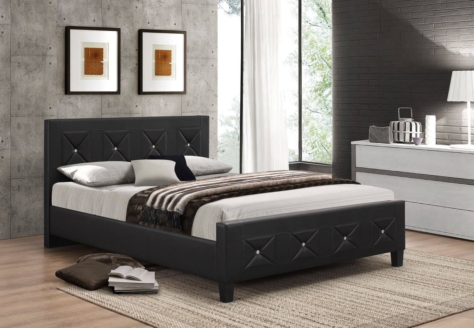 177 Black Upholstered Bed with Jewel Accents - Elegant and Luxurious Bedroom Furniture for Master Suites & Guest Rooms