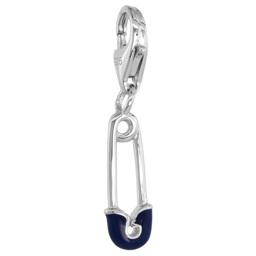 Sterling Silver Enamel Blue Safety Pin Charm with Lobster Clasp - 3/4 Inch Dainty Bracelet Pendant for Women | Perfect for DIY Jewelry Making, Gift Giving & Everyday Wear